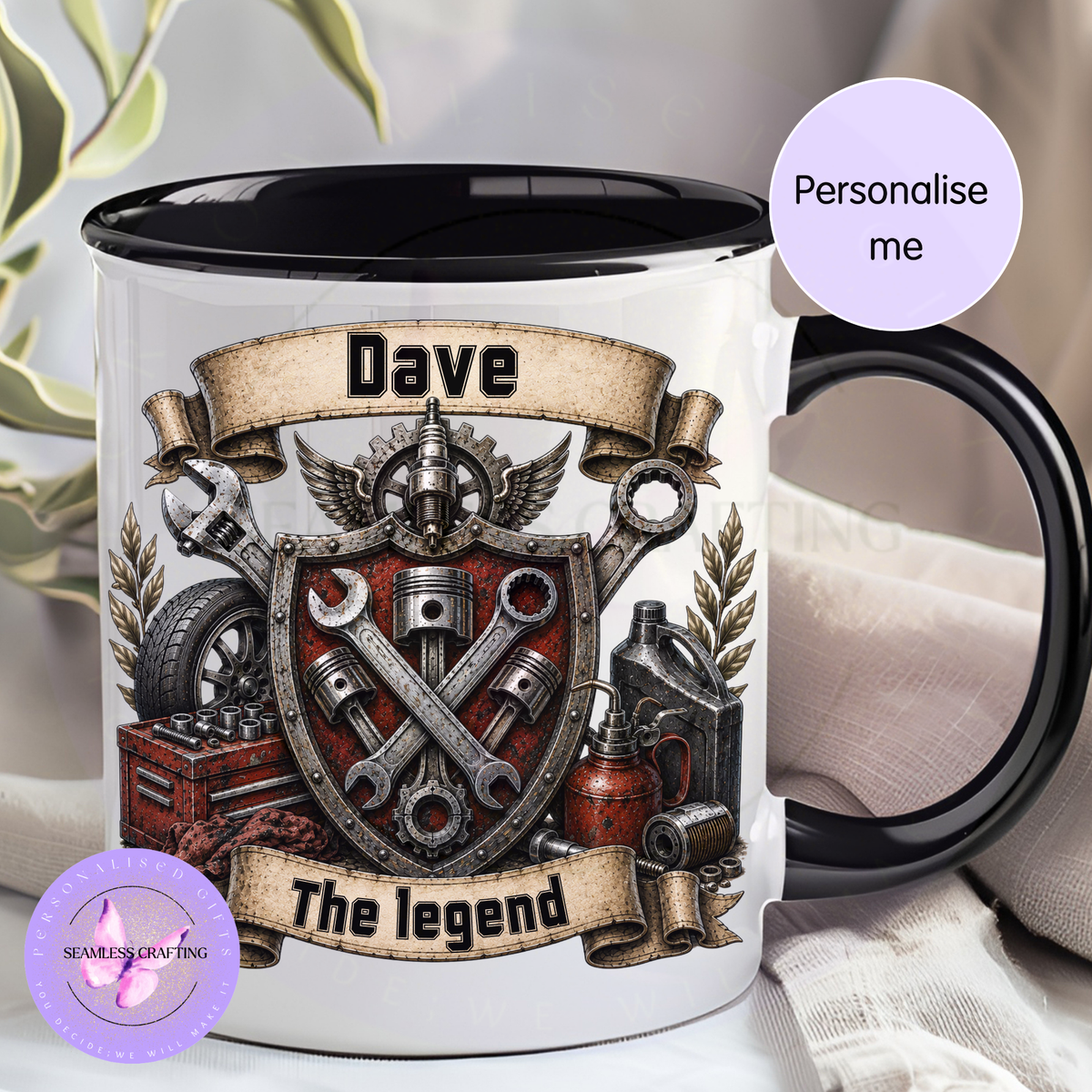 Personalised mechanic mug with Dave, black handle and vintage spanner, piston, gear and toolbox design