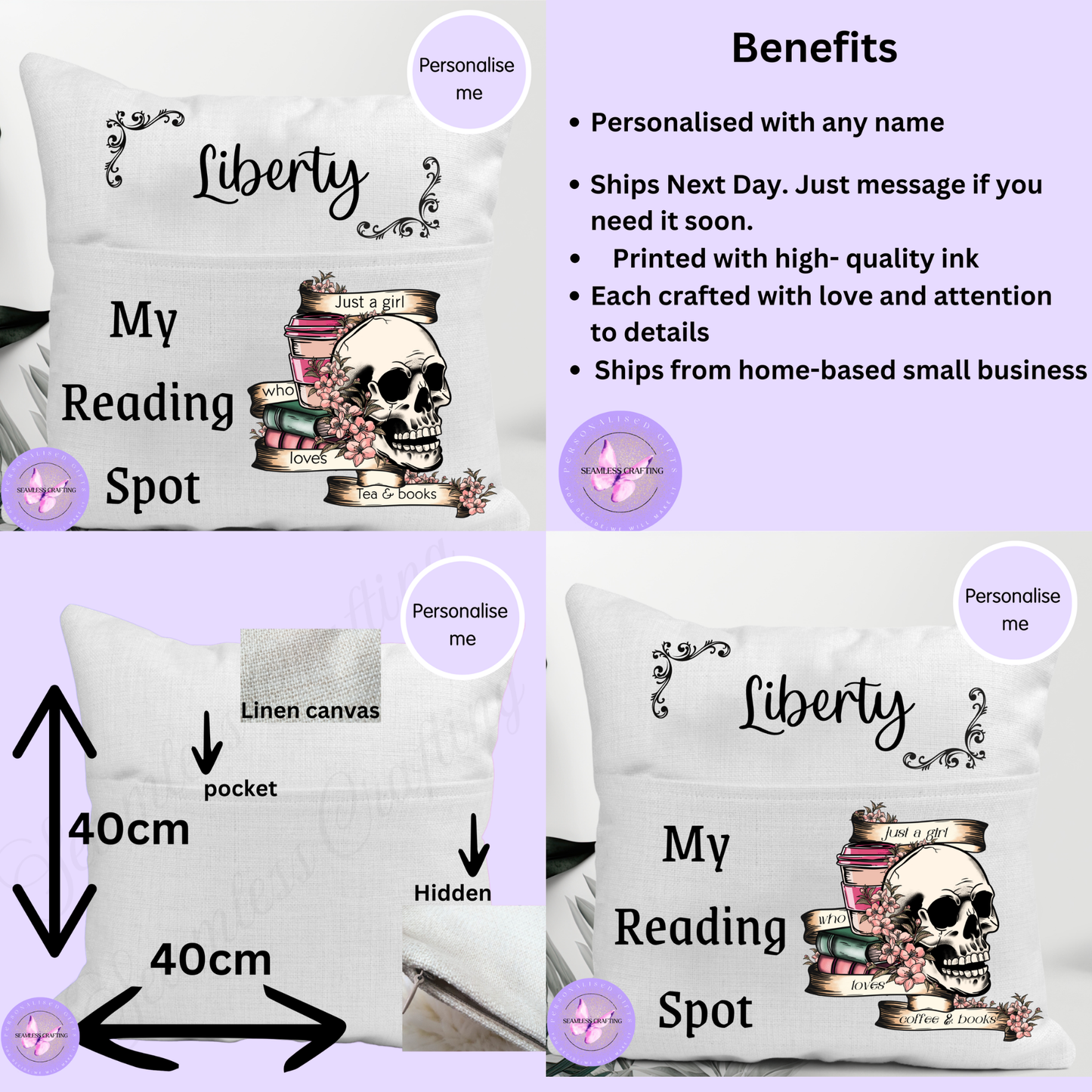 Personalised Gothic Reading Cushion with Pocket – Skull Book Lover Cushion – Tea or Coffee Lover Option – Custom Name Book Cushion