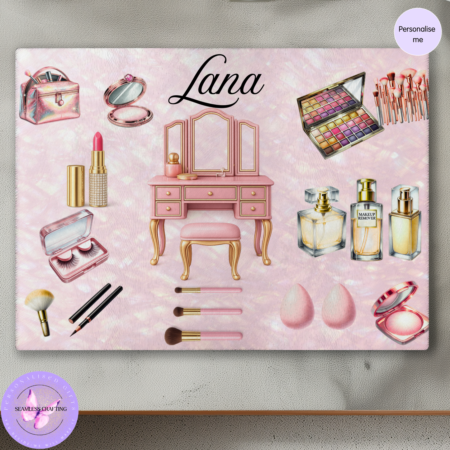 Personalised Makeup Glass Chopping Board – Custom Name Beauty Vanity Design – Tempered Glass Surface Protector – Dressing Table Gift for Girls