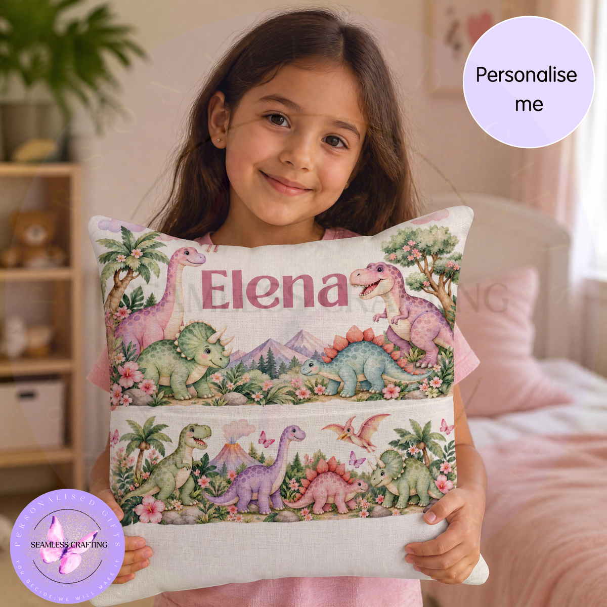 Image 1:
Personalised dinosaur reading cushion with book pocket and custom girls name
