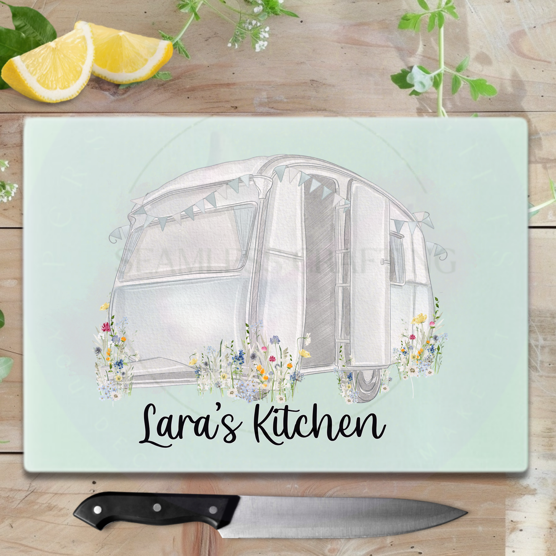 Personalised caravan kitchen board with floral wildflower design displayed in modern kitchen