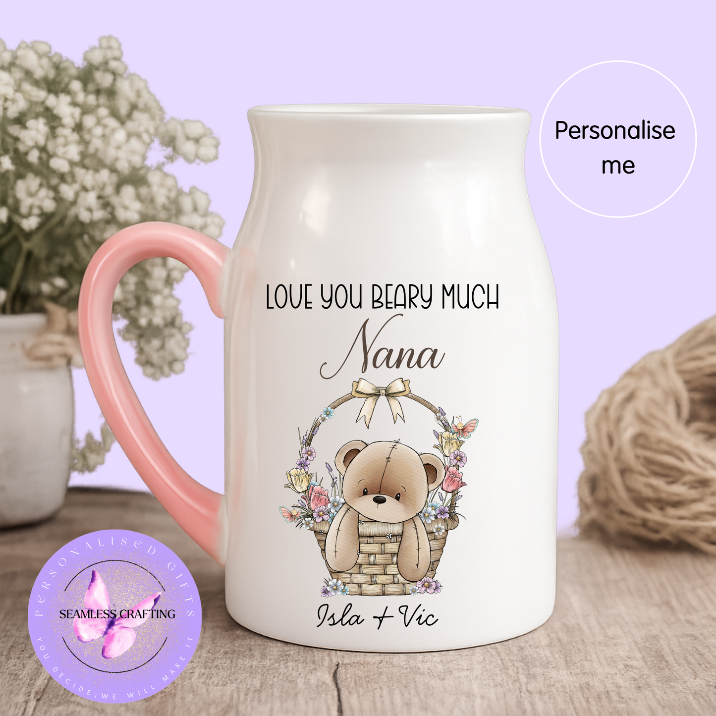 Personalised Flower Jug Vase – Custom Name Gift, Love You Beary Much Teddy Floral Jug, Gift for Mum Nana Sister Friend UK
