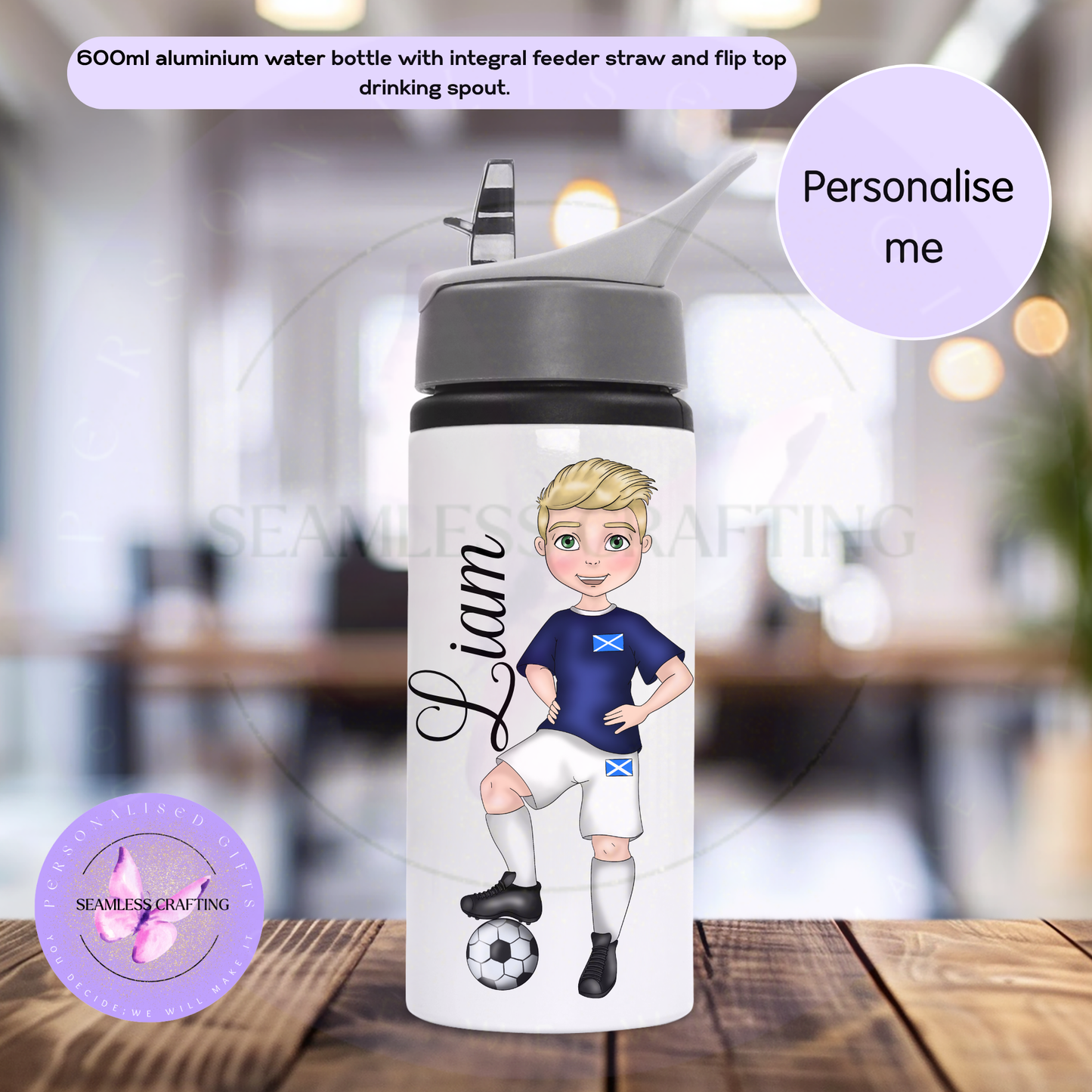 Personalised Scotland football boy bottle showing character options, name personalisation, and BPA phthalate free details