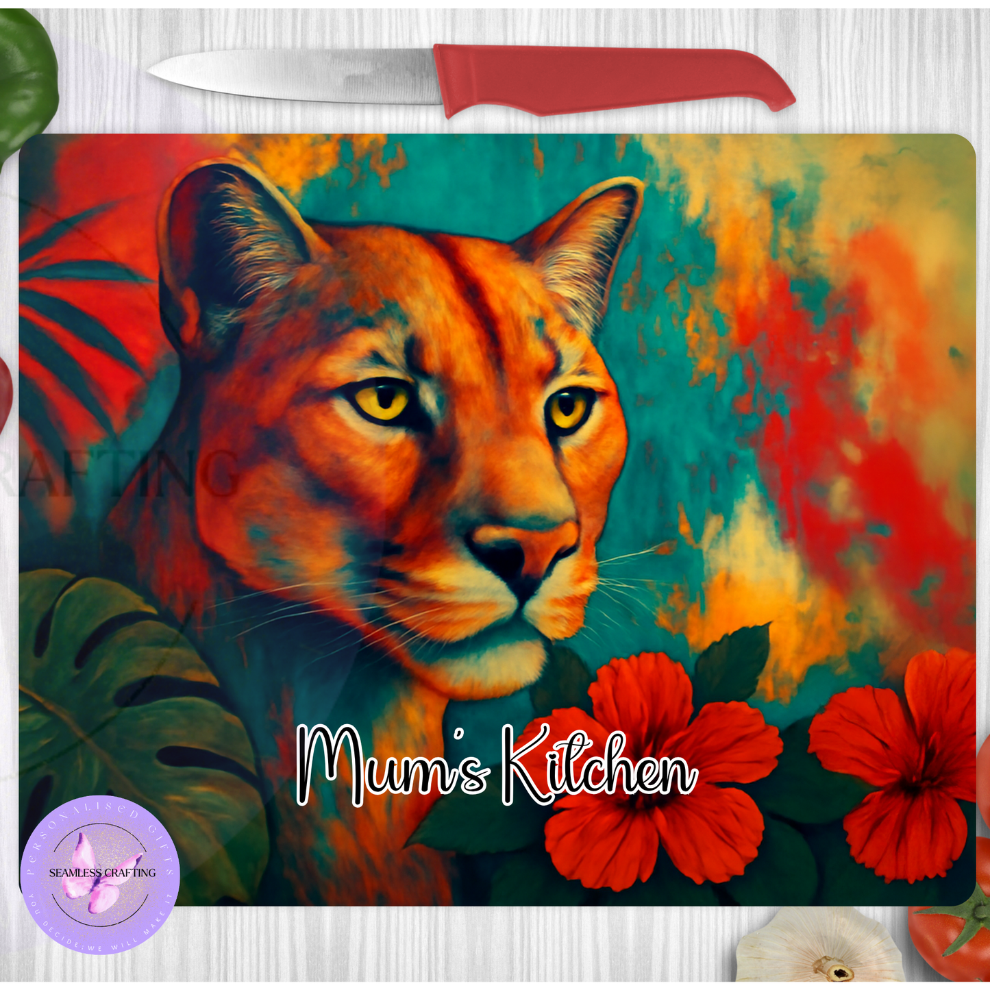 Personalised Lioness Glass Chopping Board Custom Name Worktop Saver Tempered Glass Kitchen Gift Wildlife Design