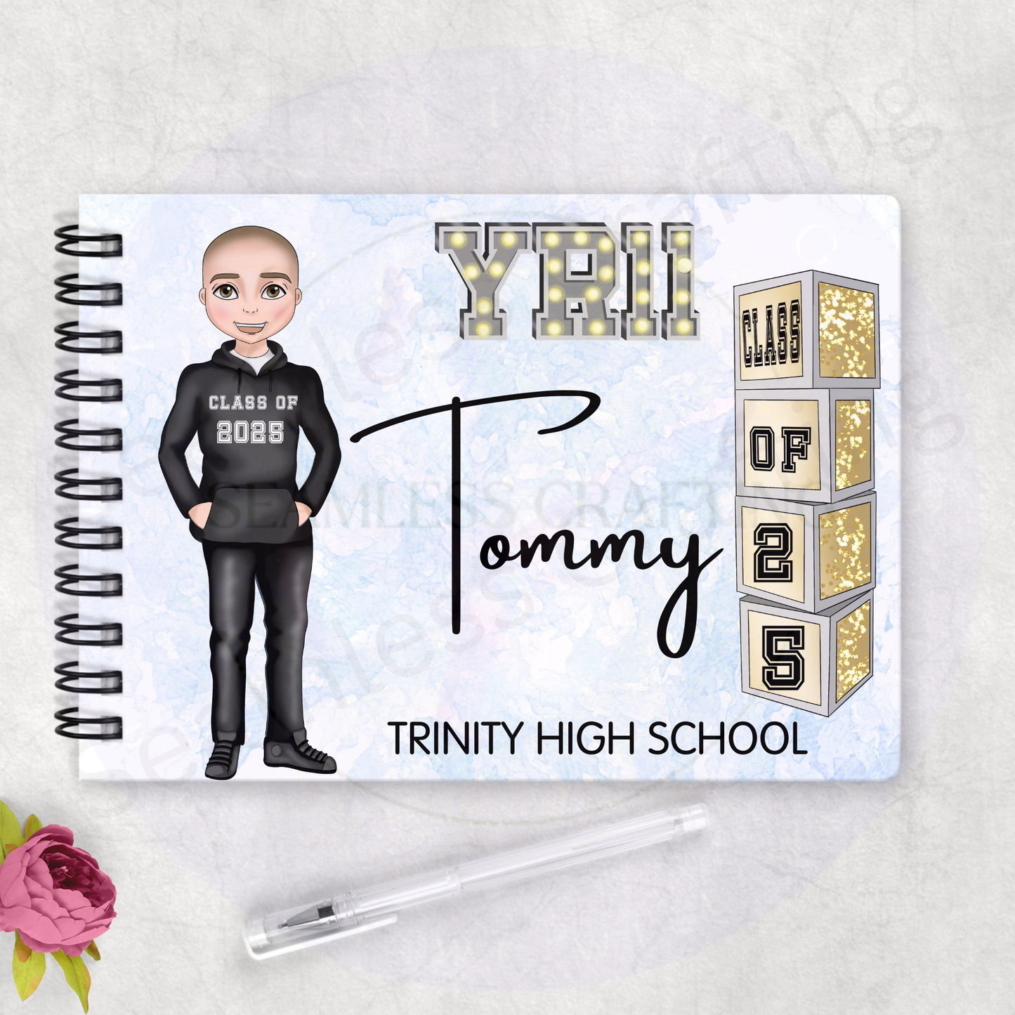 Personalised Boys School Leavers Book – Front Character View | Custom Year 6 or Year 11 Autograph & Memory Keepsake