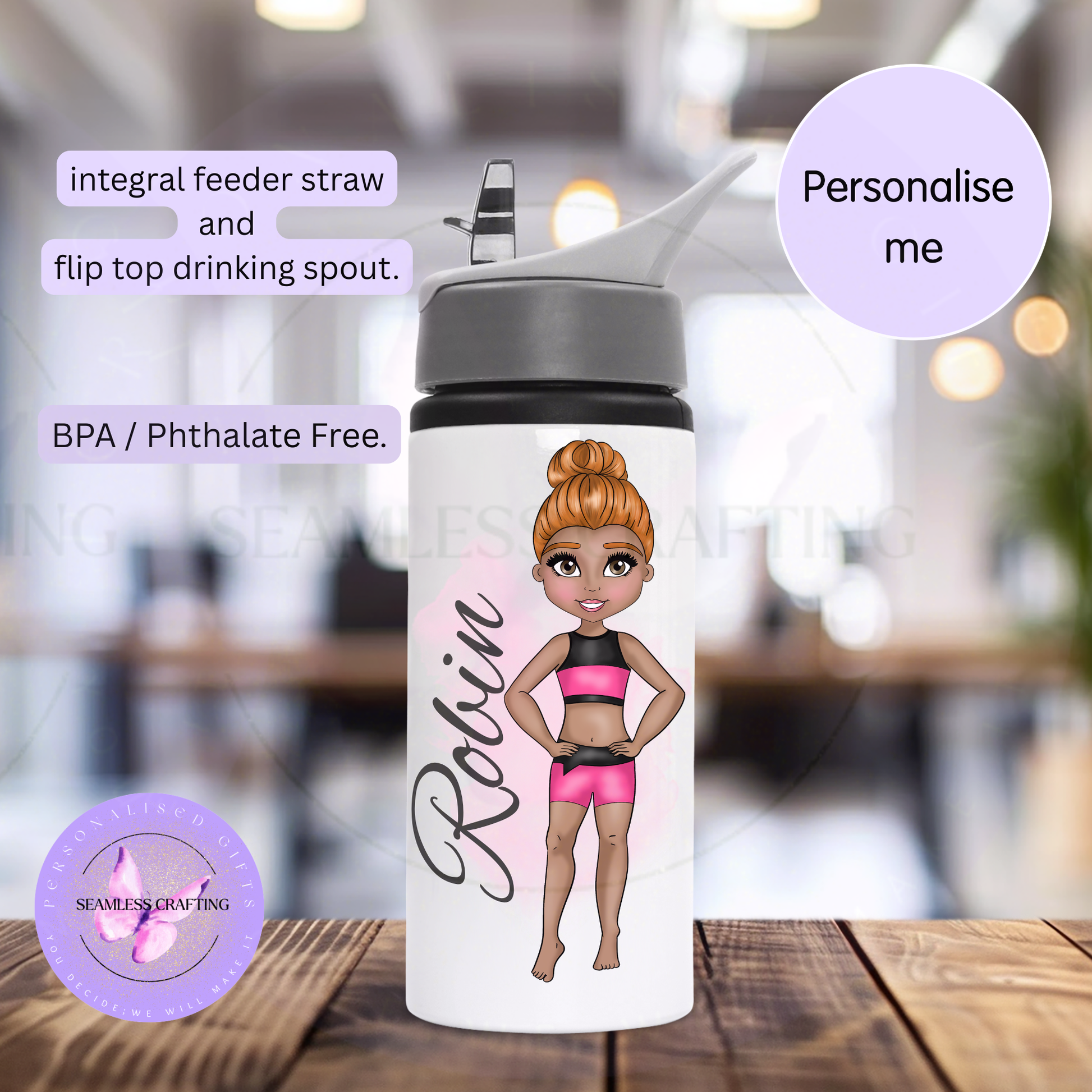 Personalised flip-top dance water bottle with Robin and a hot pink and black acro uniform