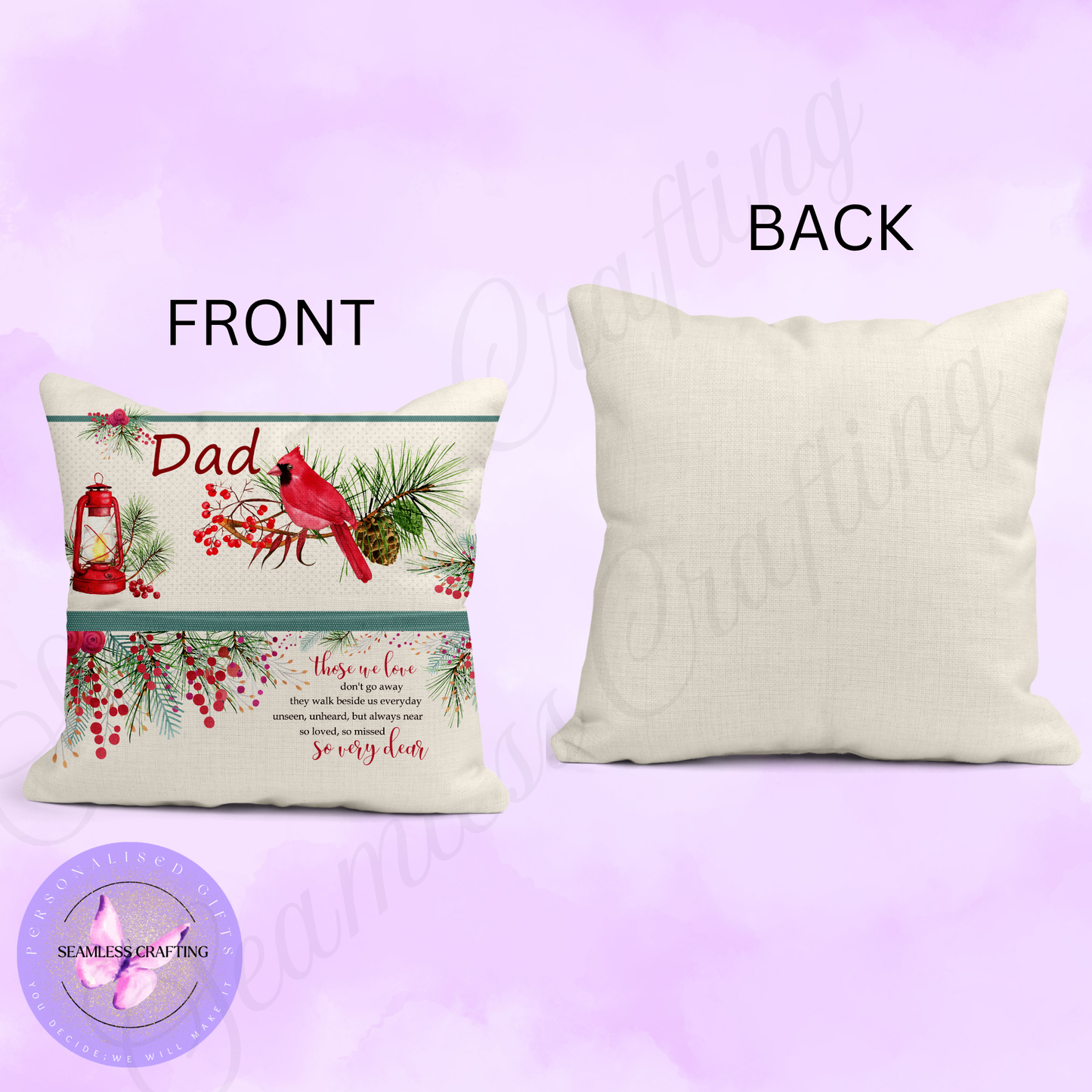 Personalised Memorial Cushion with Pocket – Cardinal Remembrance Pillow for Dad – Memory Cushion Gift – Christmas Bereavement Keepsake (40cm)