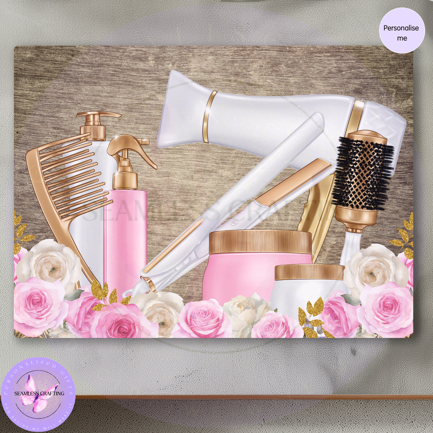 Personalised glass dressing table protector with hair dryer, straighteners, brushes and pink roses