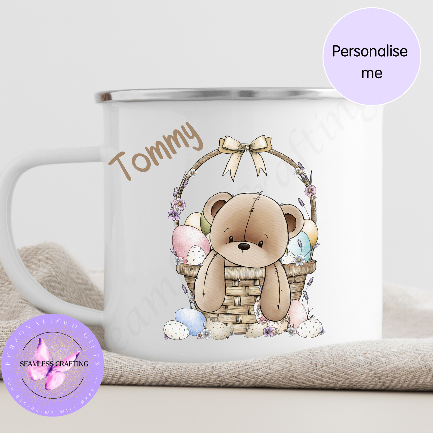 Personalised Teddy Bear Easter Mug – Custom Name Kids Mug, Ceramic or Enamel Cup, Easter Gift for Children, Bunny Egg Design