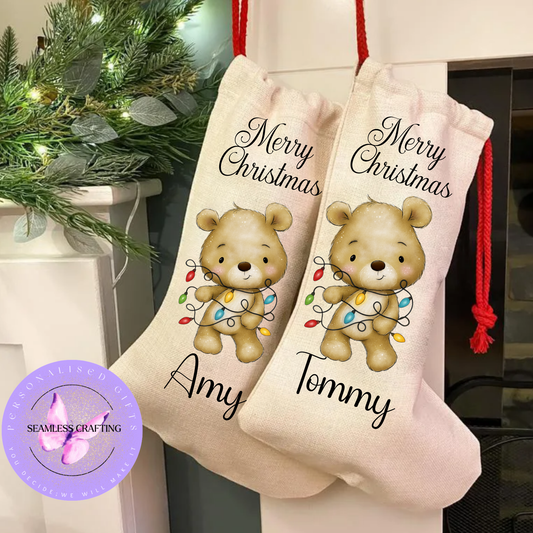 Personalised Christmas Stocking – Cute Teddy Bear Tangled with Christmas Lights – Custom Name Linen Canvas – Holiday Gift for Kids & Family