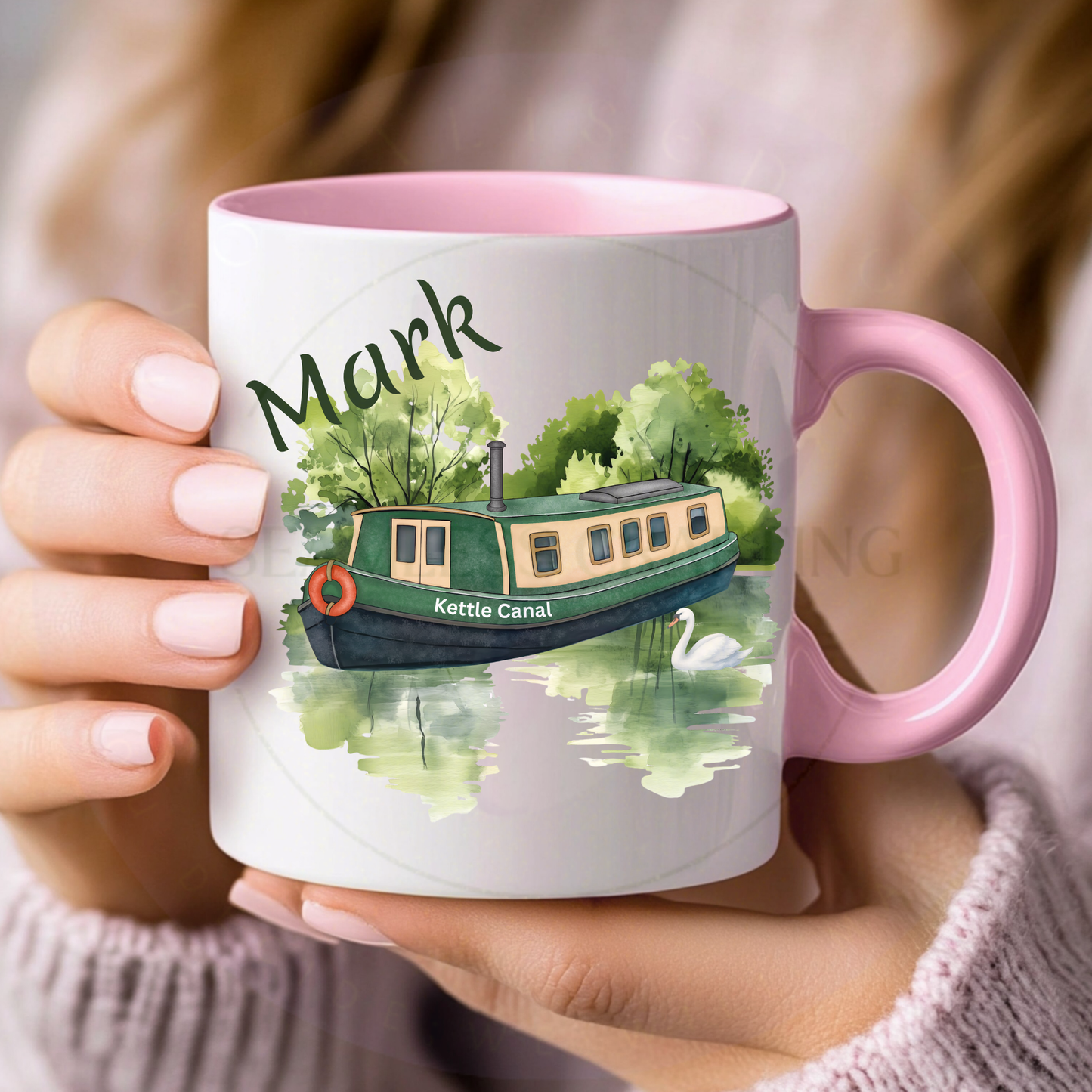 Personalised narrowboat mug with green canal boat, swan and custom name, black handle