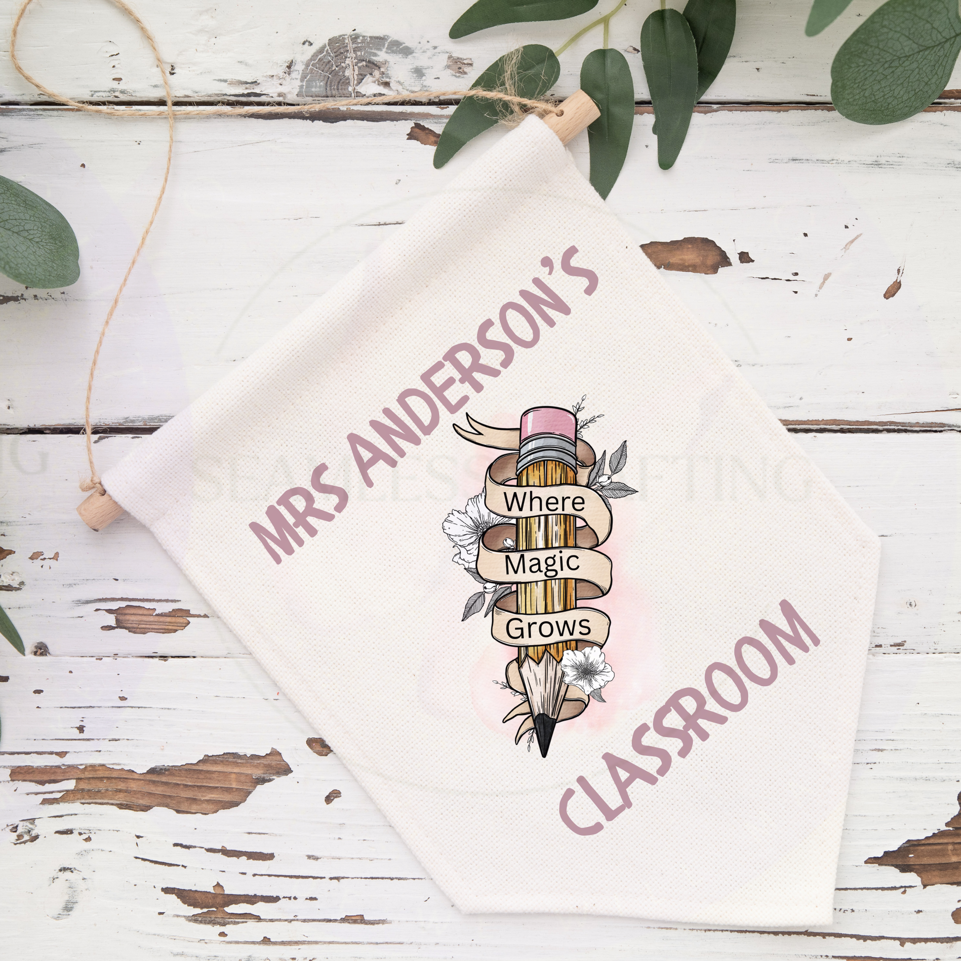 Personalised teacher banner displayed in classroom decor setting