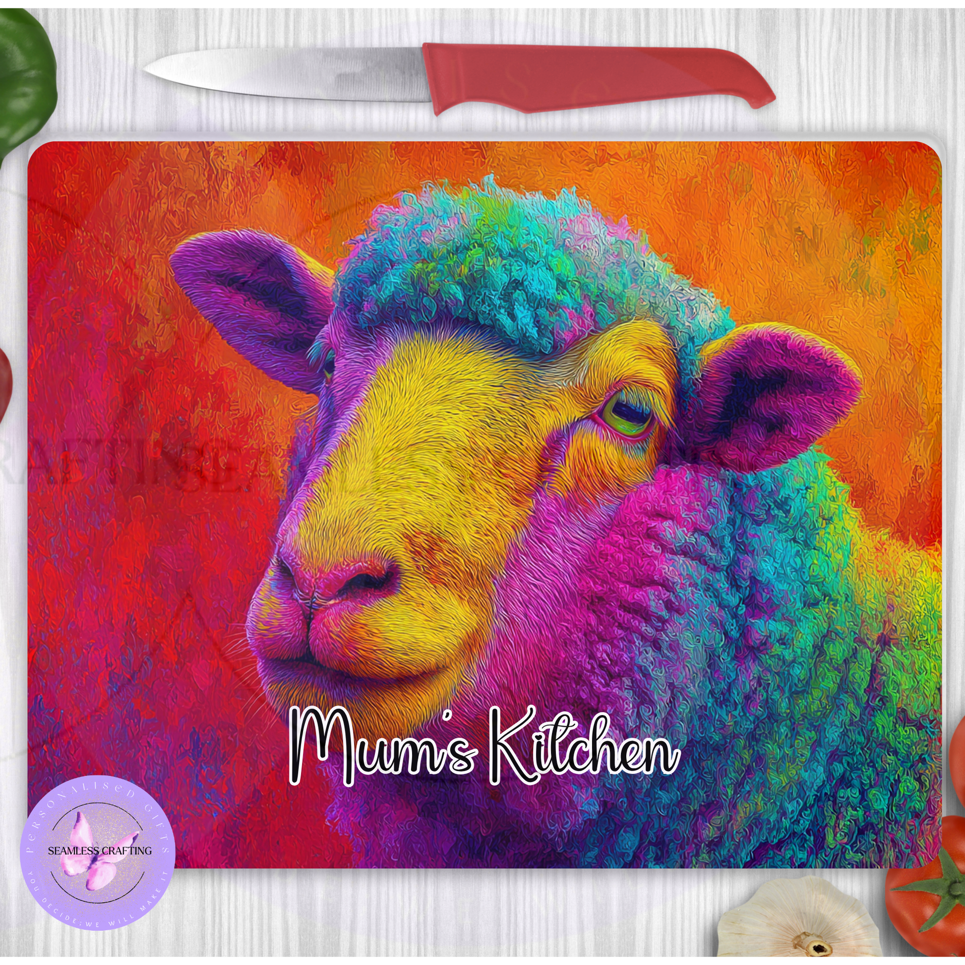 Colourful sheep glass chopping board vibrant animal design kitchen worktop saver heat resistant glass
