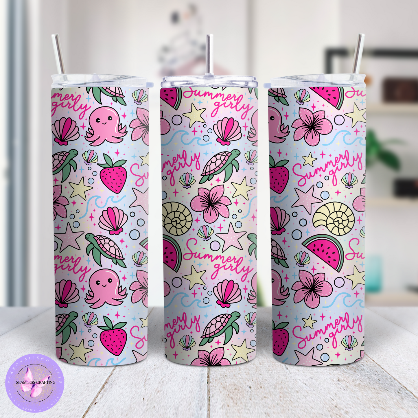 Personalised 20oz & 16oz Stainless Steel Tumbler – Summery Girly Pastel Beach Design