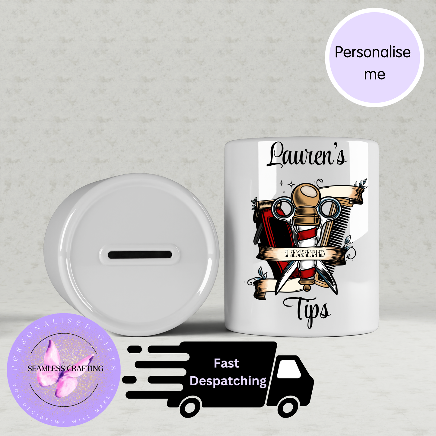 Personalised Barber Tips Jar – Custom Name Hairdresser Tip Jar – Barber Shop Counter Money Pot – Barber Gift