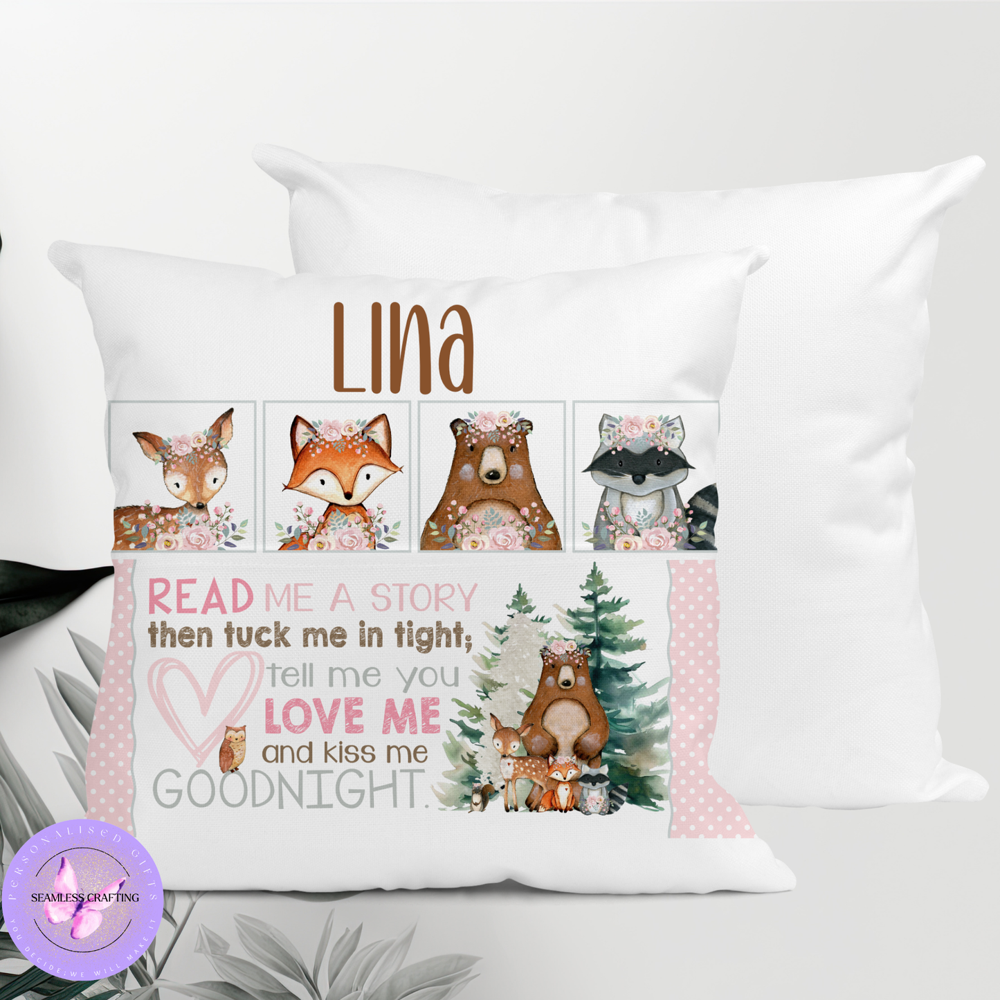 Personalised Woodland Animal Reading Cushion – Girls Custom Name Book Pillow with Pocket | Forest Animal Nursery Gift (40cm)