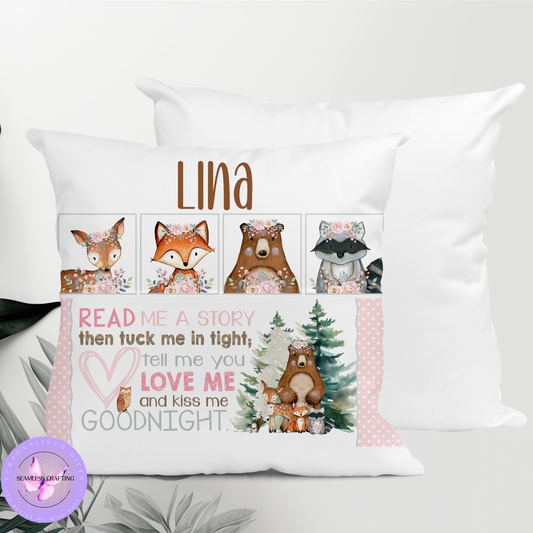 Personalised Woodland Animal Reading Cushion – Girls Custom Name Book Pillow with Pocket | Forest Animal Nursery Gift (40cm)