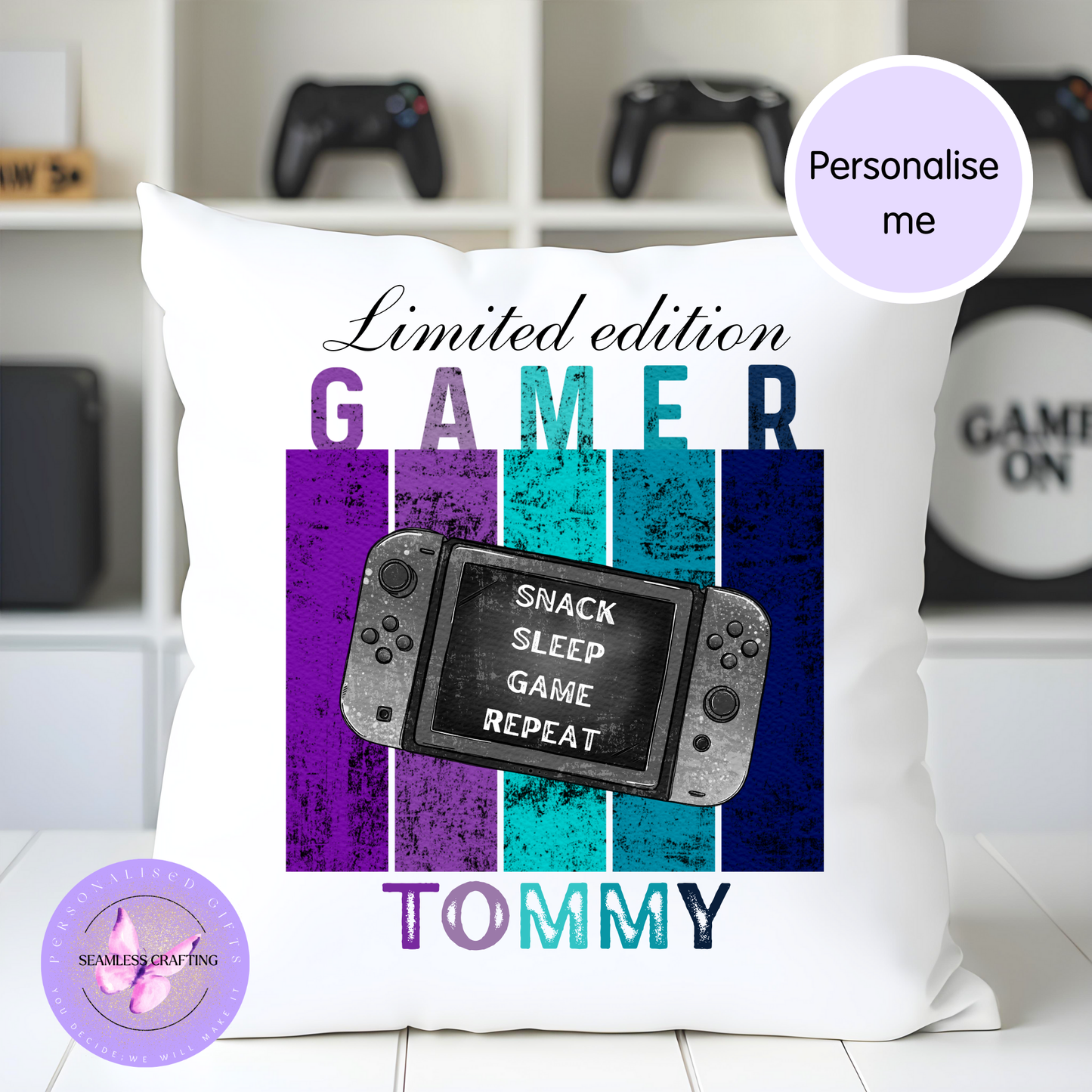 Personalised Gamer Cushion – Custom Name Gaming Pillow, Controller Choice, 40x40cm Velvet Gift for Gamers