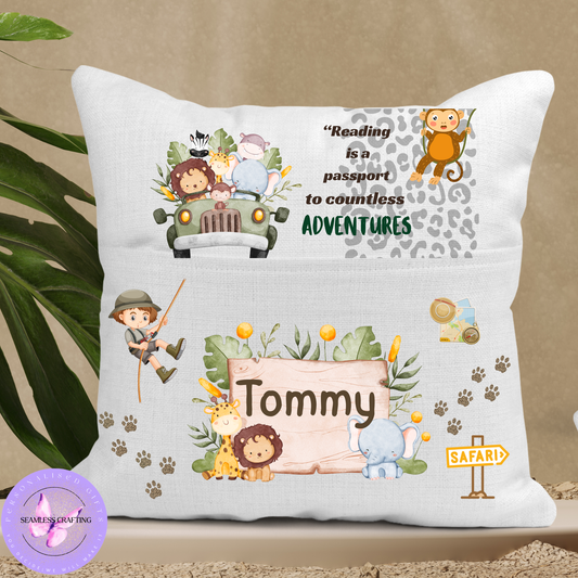 Personalised Kids Safari Reading Cushion with Pocket – Animal Book Cushion, Child’s Reading Pillow, Jungle Book Lover Gift