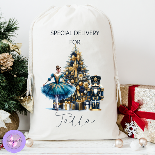 Personalised Christmas Santa Sack – Nutcracker Ballet Gift Bag | 3 Designs in Blue, Gold, Pink | Large & Small Sizes