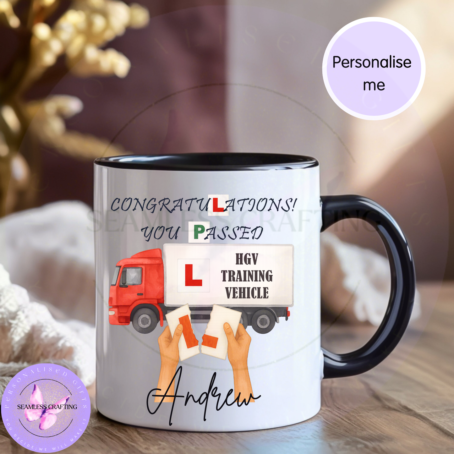 Personalised HGV pass mug with name Andrew, black handle ceramic mug, driving test passed gift for lorry driver UK
