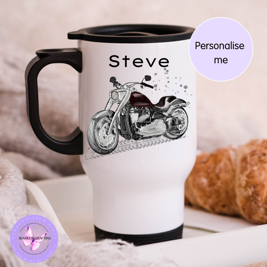 Personalised Motorbike Mug & Travel Mug – Custom Name Motorcycle Gift – 11oz Ceramic, 14oz Travel Mug or 16oz Thermal Tumbler