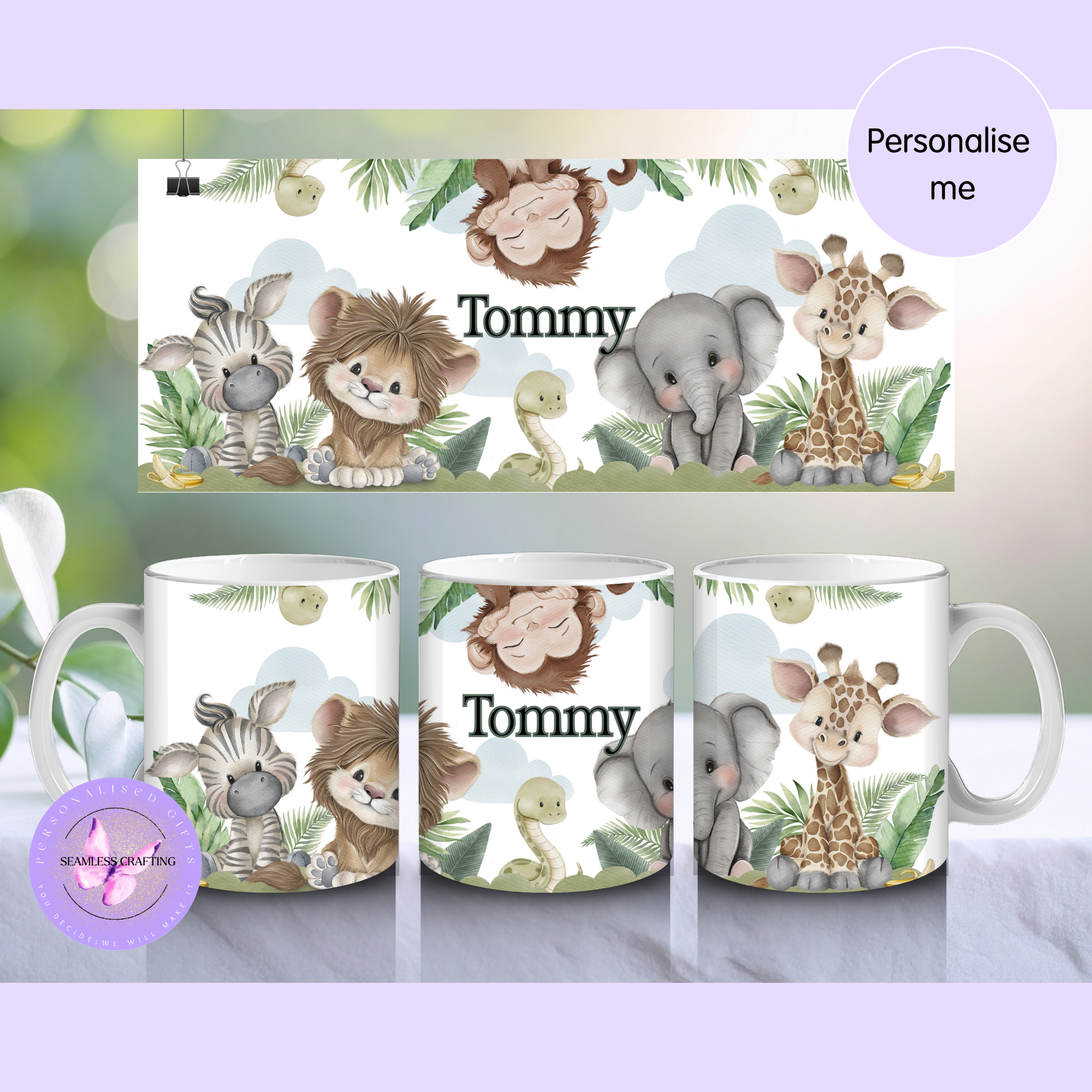 Personalised children’s polymer mug with safari animals design and custom name, 11oz unbreakable kids