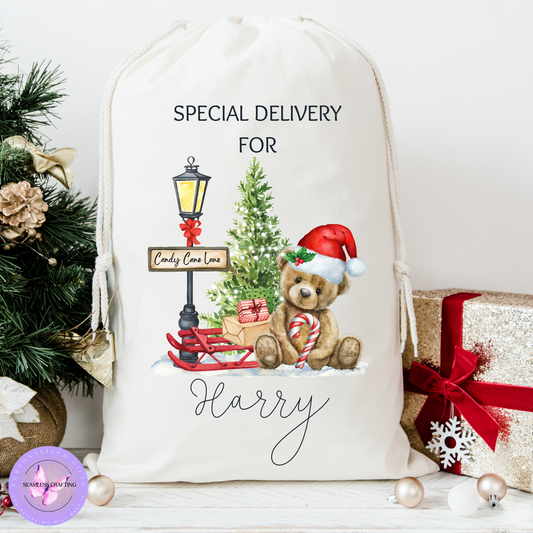 Personalised Teddy Bear Christmas Santa Sack – Candy Cane Lane Gift Bag with Custom Name