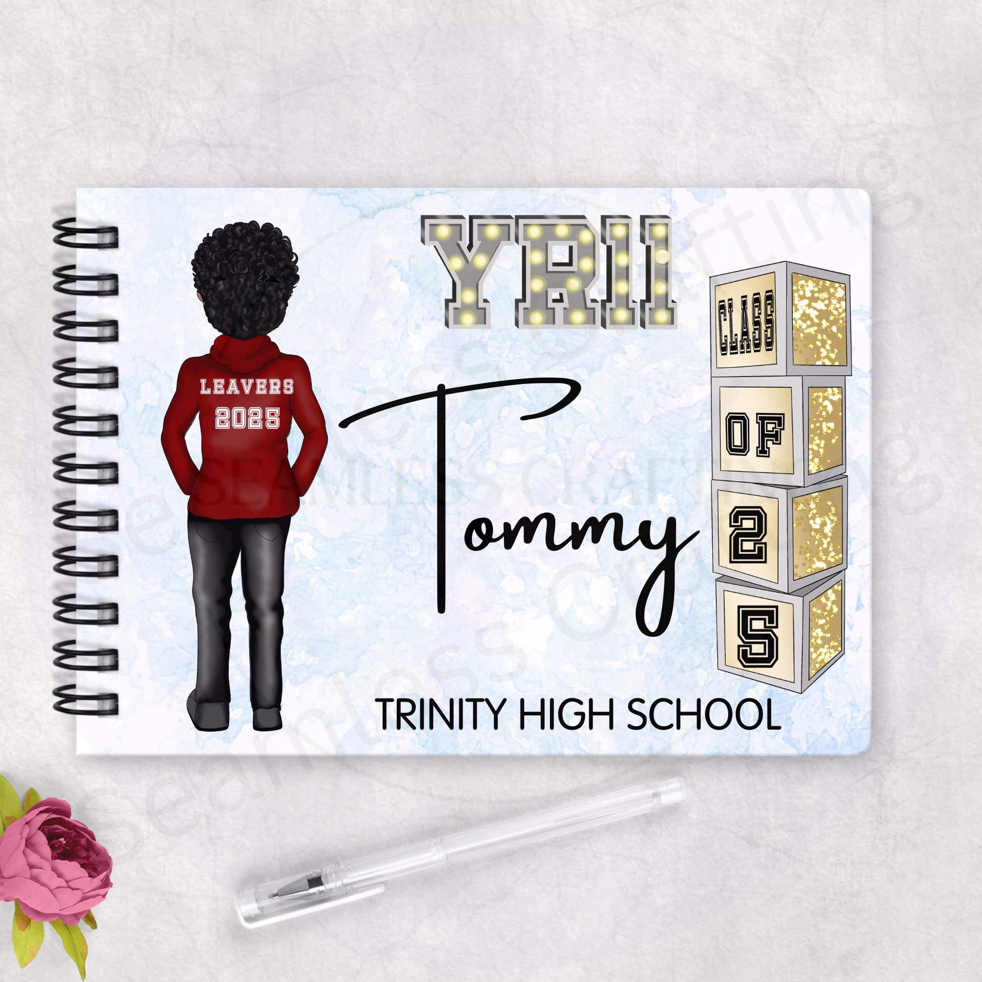 School leavers memory book personalised with custom pupil character