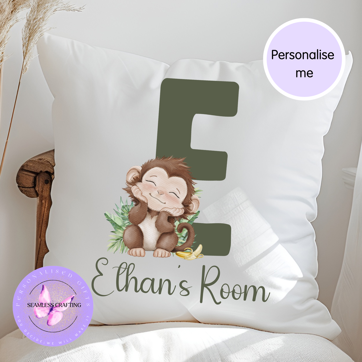 Personalised Alphabet Animal Cushion | Custom Name Initial Cushion | Nursery & Kids Bedroom Decor | 40x40cm Soft Velvet Cushion