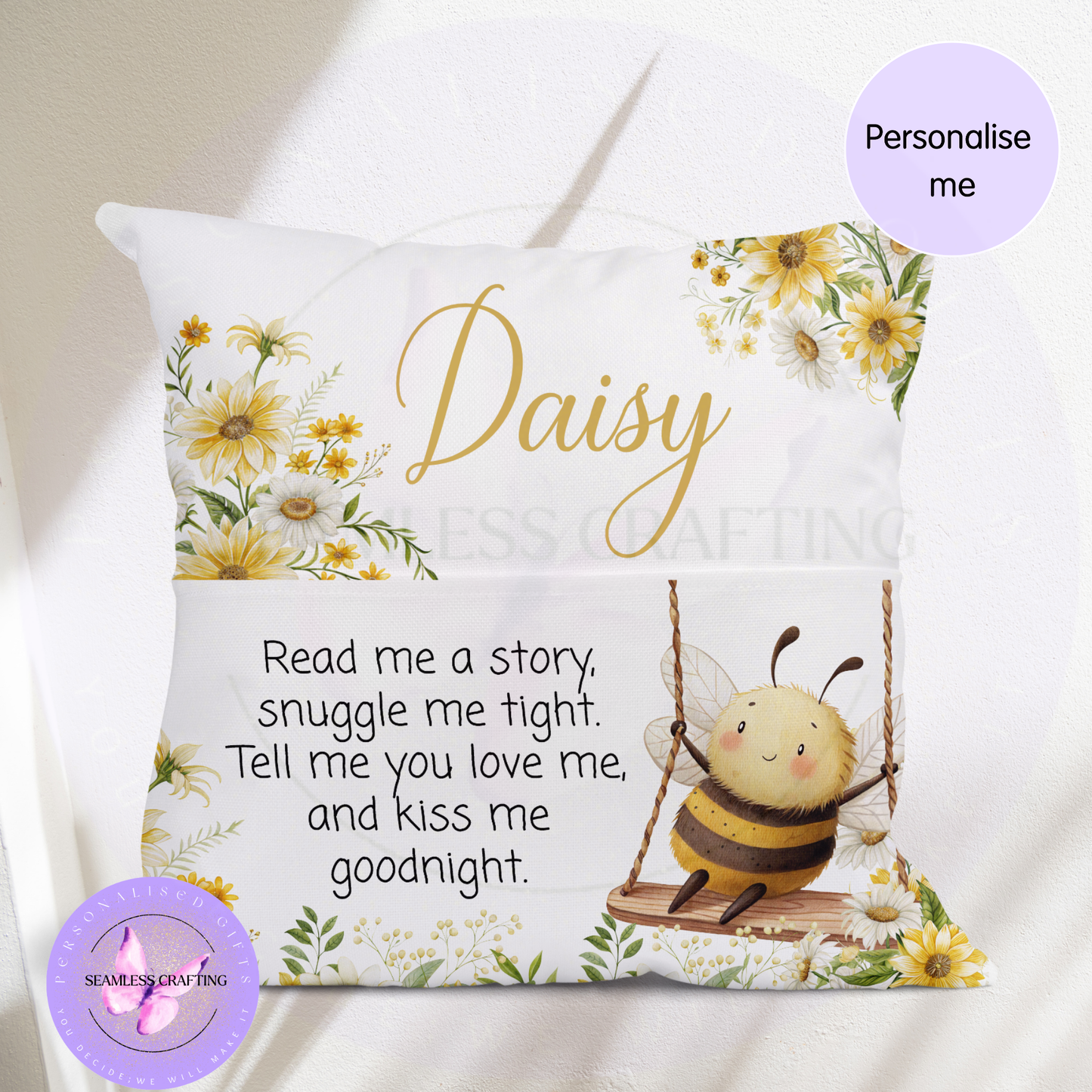 Personalised kids book cushion with bumblebee design, daisy flowers and reading pocket

