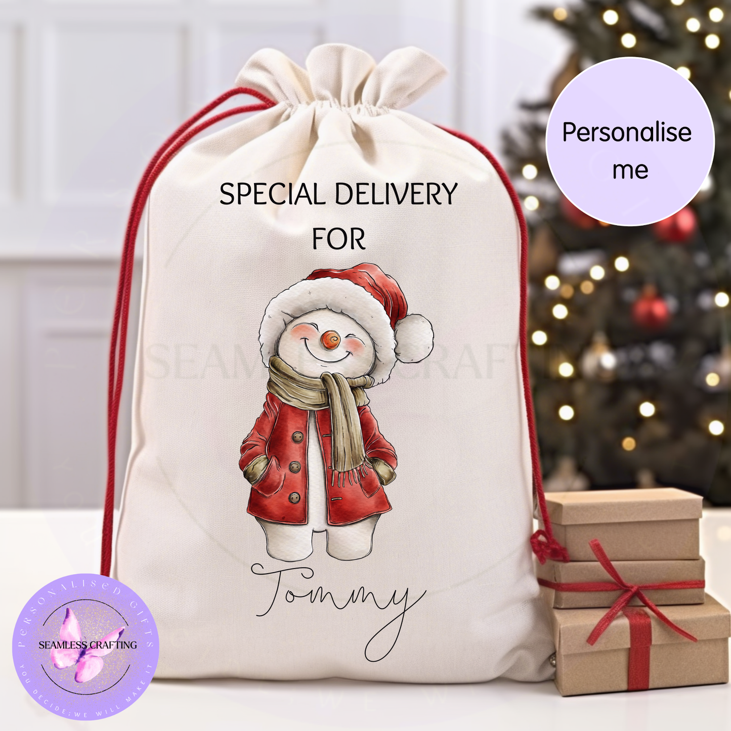 Personalised snowman Christmas sack with red coat and name Tommy