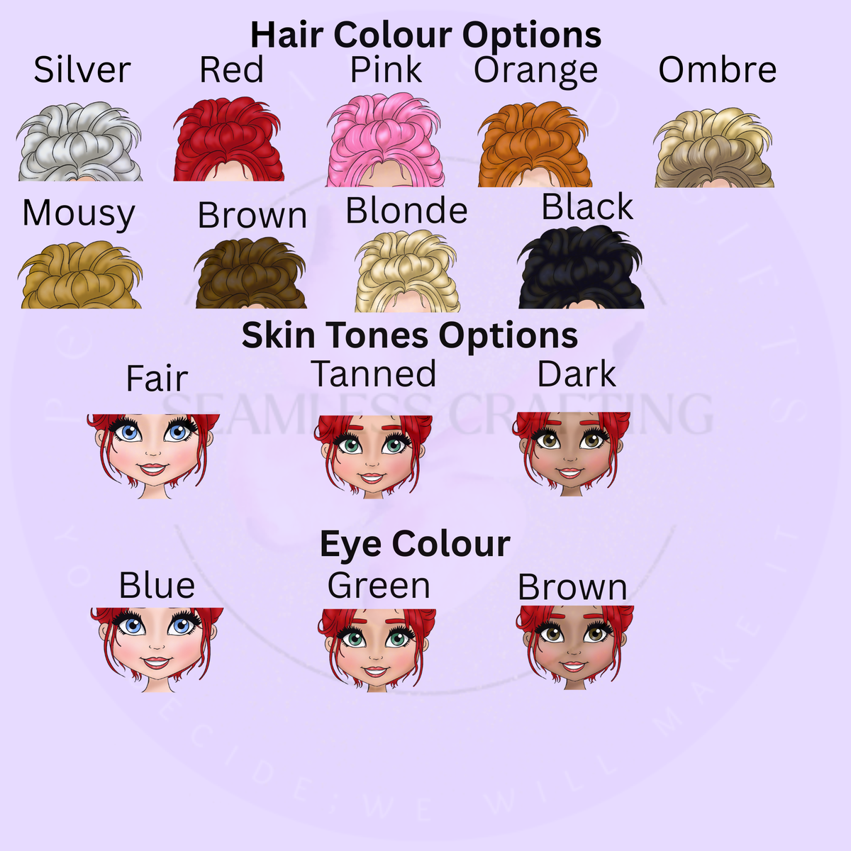 Hair colour, skin tone and eye colour options for personalised make up character design