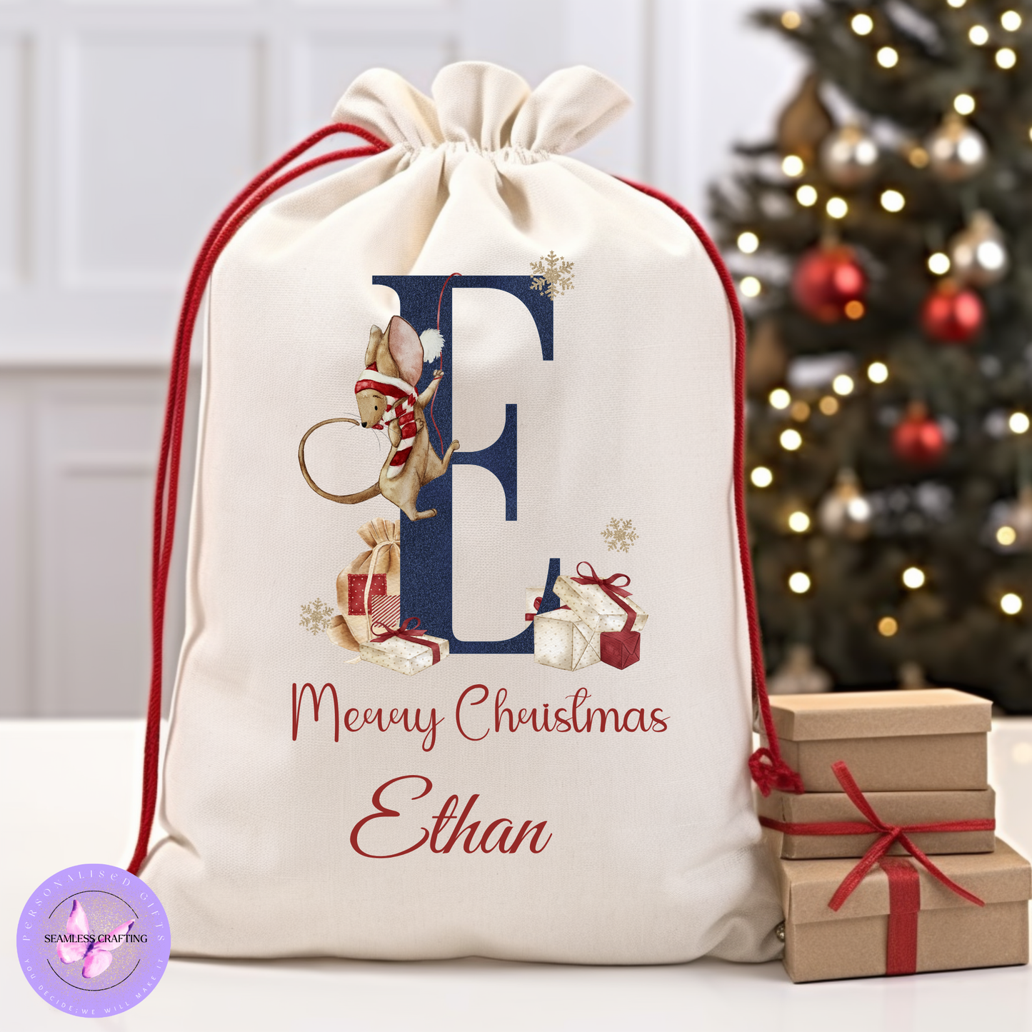 Personalised Christmas Sack & Enamel Mug Set | Custom Name Santa Gift Bag | Initial Mouse Design | Kids Xmas Eve Bag | 2 Sizes | 4 Colours