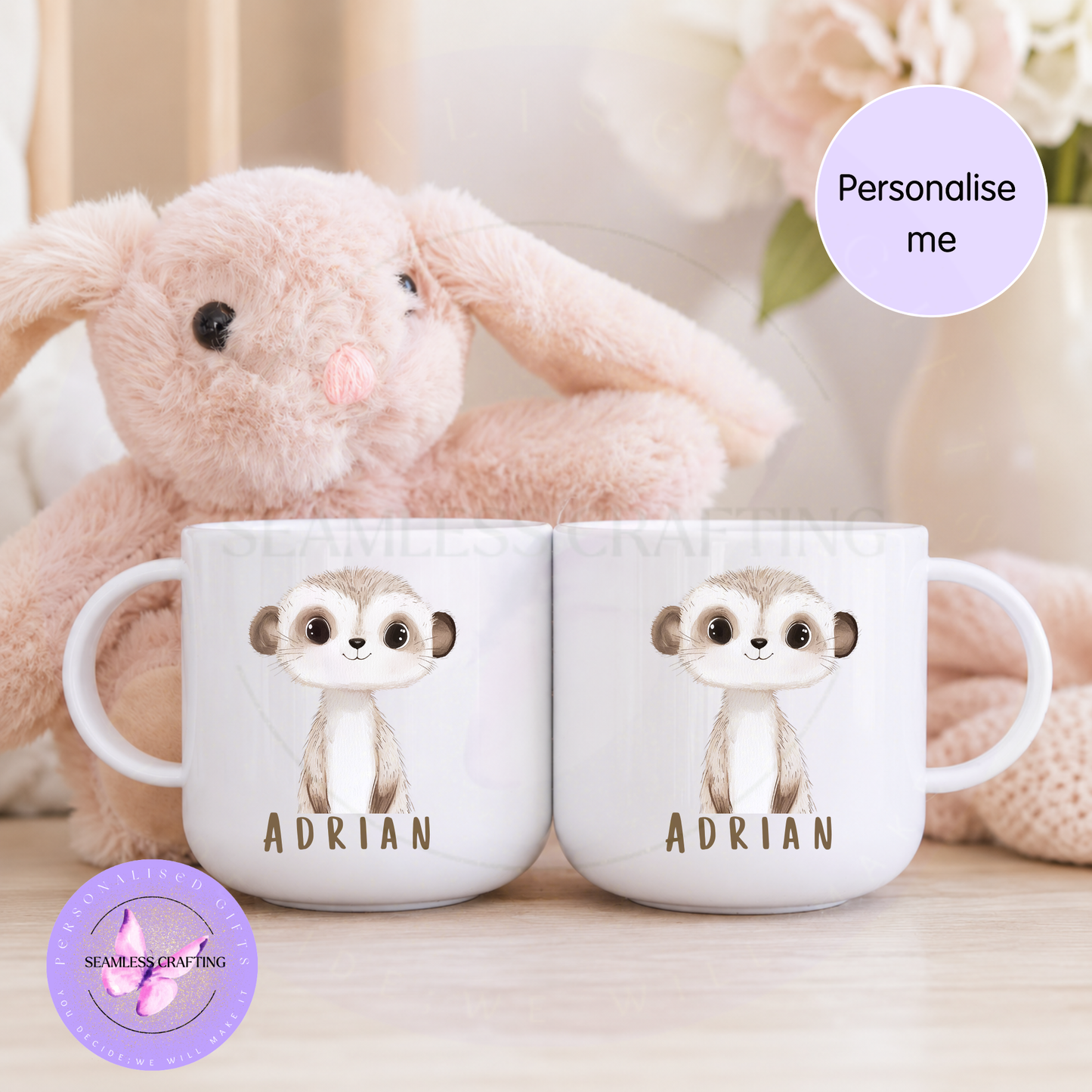 Two personalised kids mugs with cute meerkat character and name Adrian