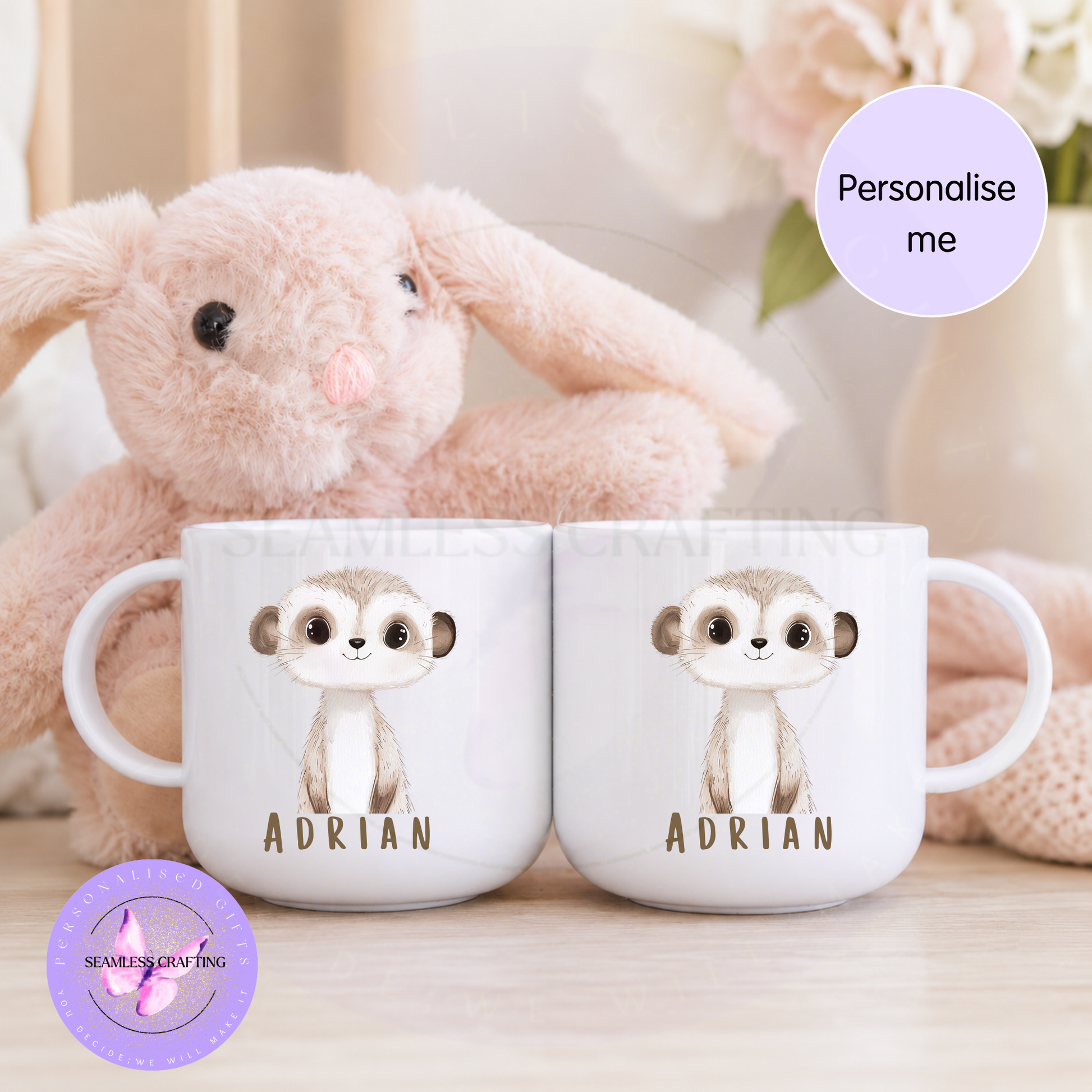 Two personalised kids mugs with cute meerkat character and name Adrian