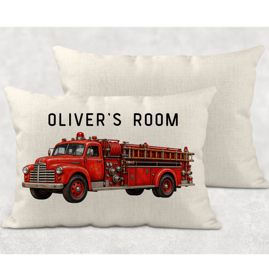 Personalised vintage red fire engine cushion with Oliver's Room name, 50 x 30 cm