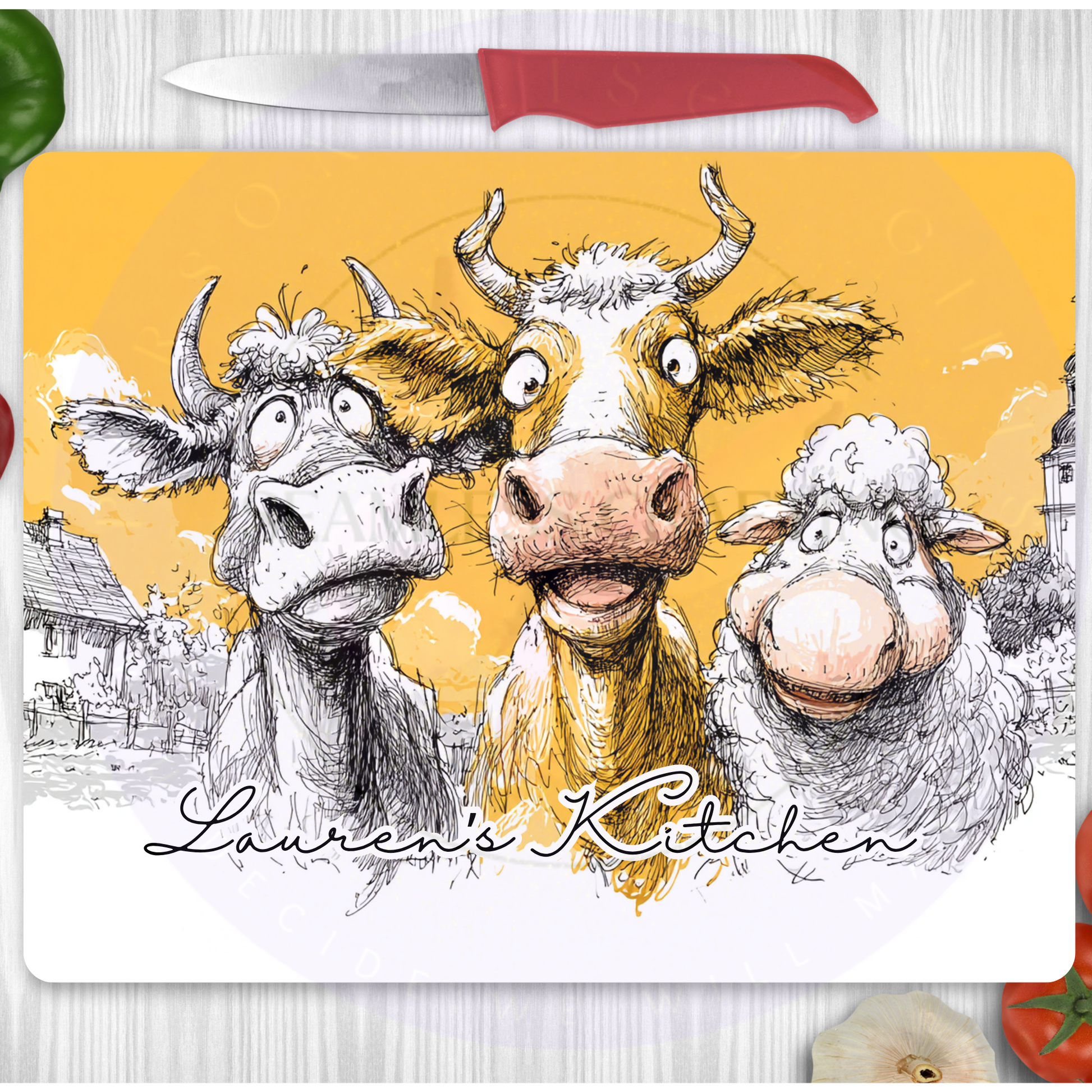 Custom animal family chopping board displayed in kitchen, personalised cow and sheep glass board farmhouse style home decor