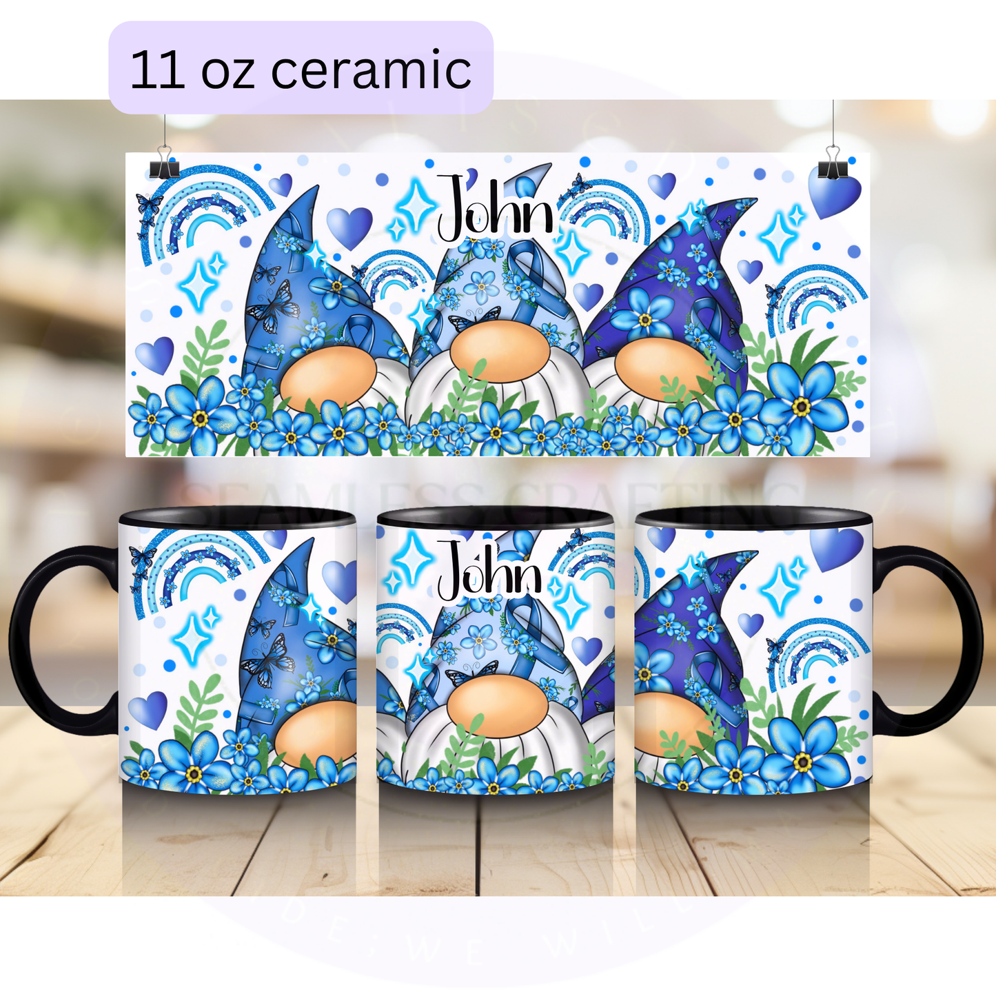 Personalised Forget Me Not dementia awareness gonk mug wrap shown on 11 oz white ceramic mug