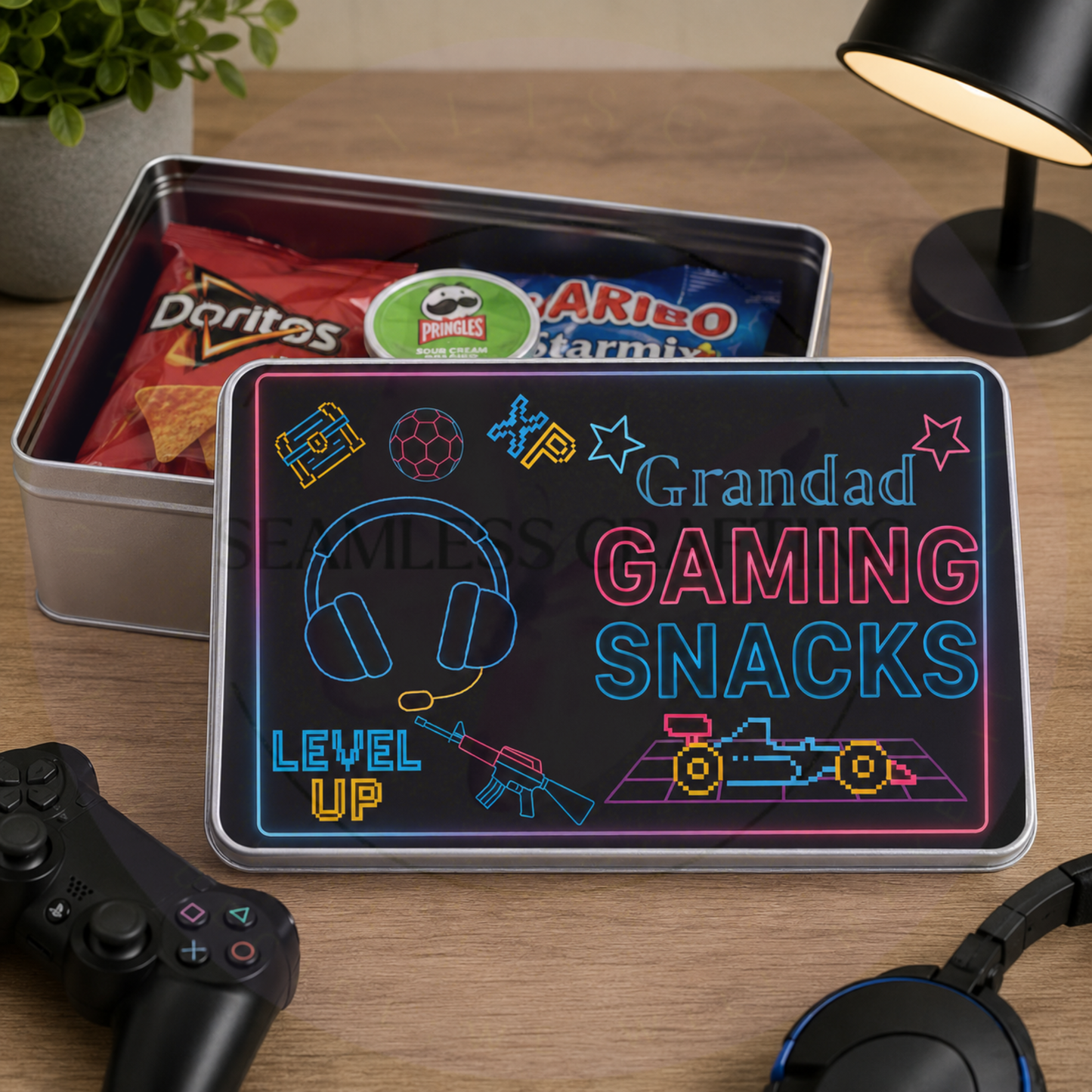Personalised gaming sweets tin with colourful sweets inside metal storage tin