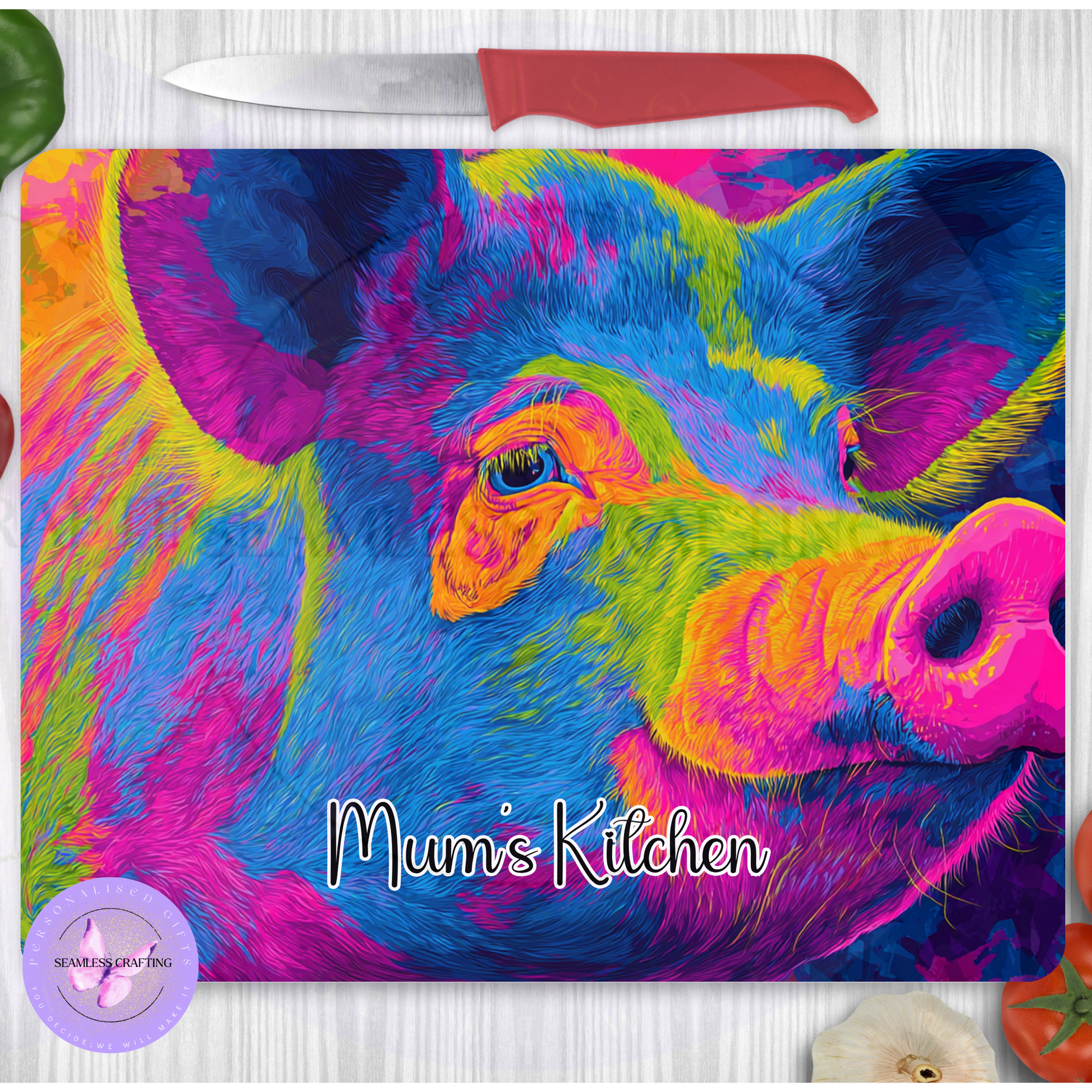 Personalised pig chopping board vibrant animal design modern kitchen decor gift
