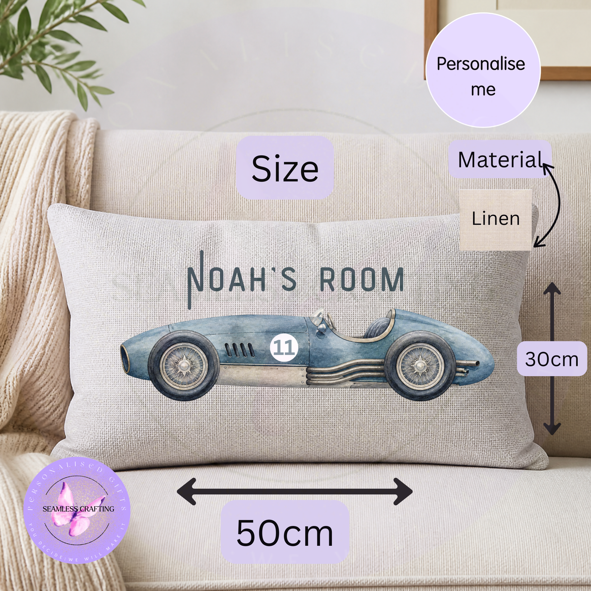 Personalised vintage racing car cushion 50x30cm in linen with custom Noah's Room name