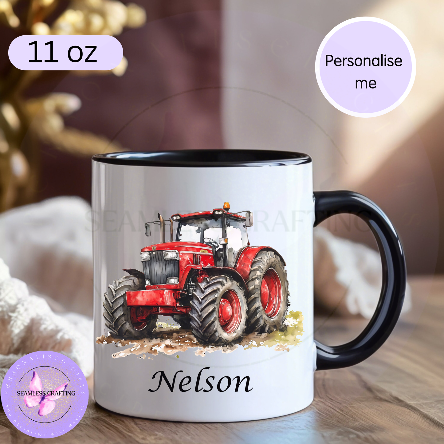 Personalised black handle ceramic mug with red tractor design and custom name Nelson