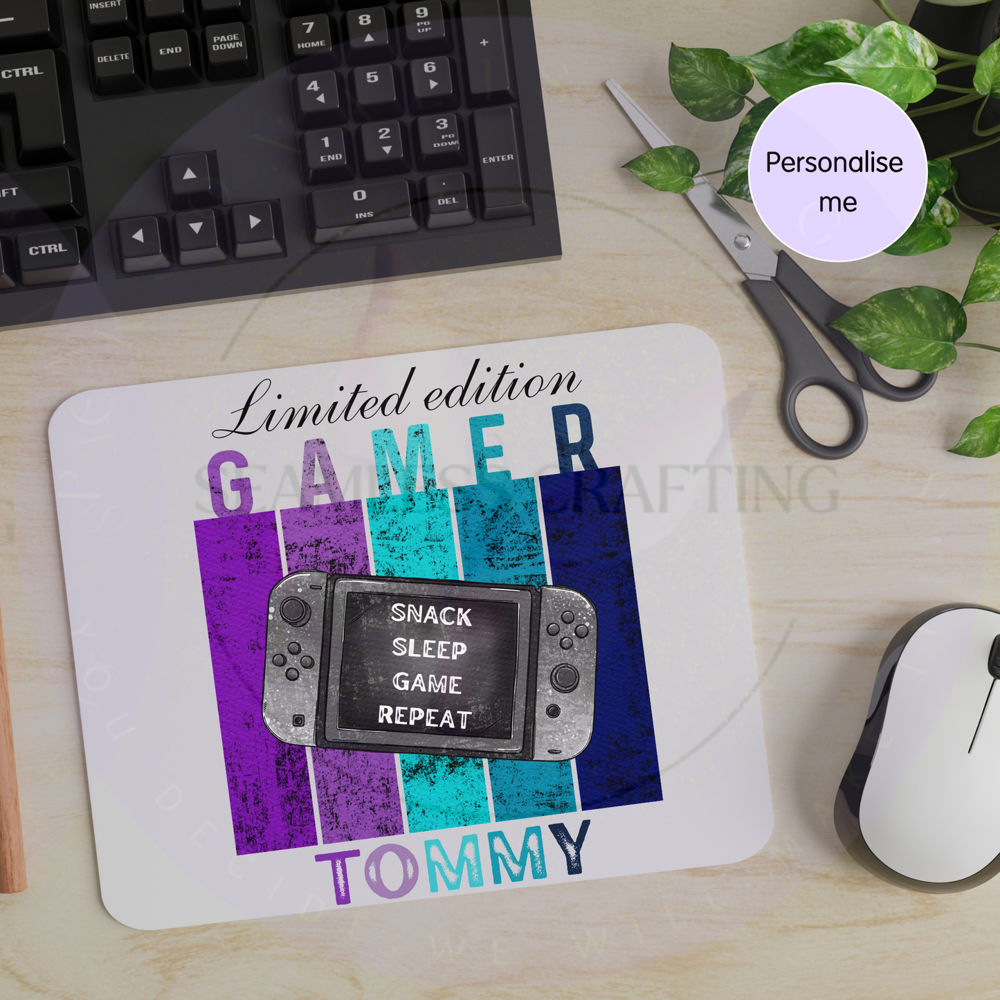 Custom gamer mouse mat with handheld gaming console design and personalised name Tommy
