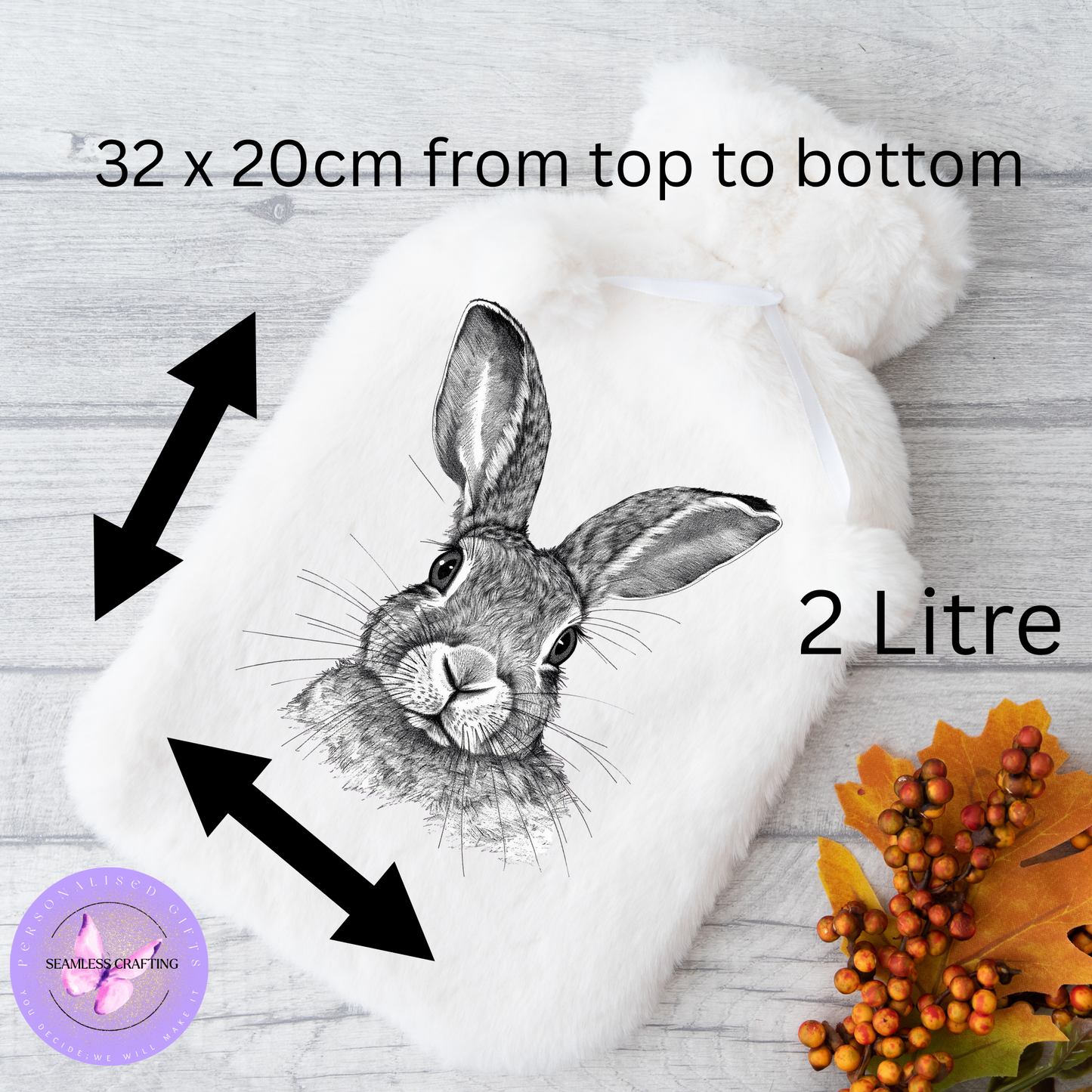 Personalised Sketch Animals Faux Fur Hot Water Bottle – Custom Name Gift | 2L | Highland Cow, Bunny, Dog, Cat