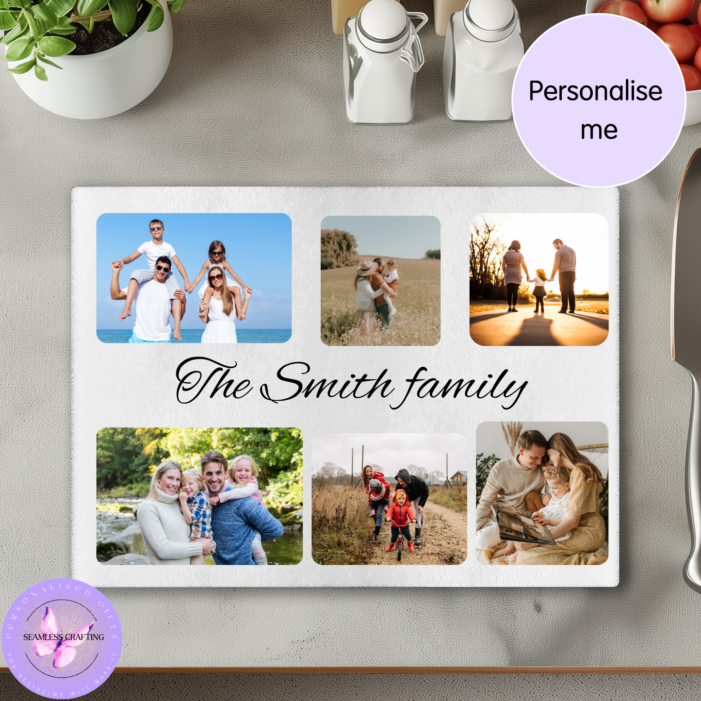 Personalised Glass Chopping Board with Photo & Text – Custom Family Cutting Board Gift – Tempered Glass Kitchen Board (2 Sizes)