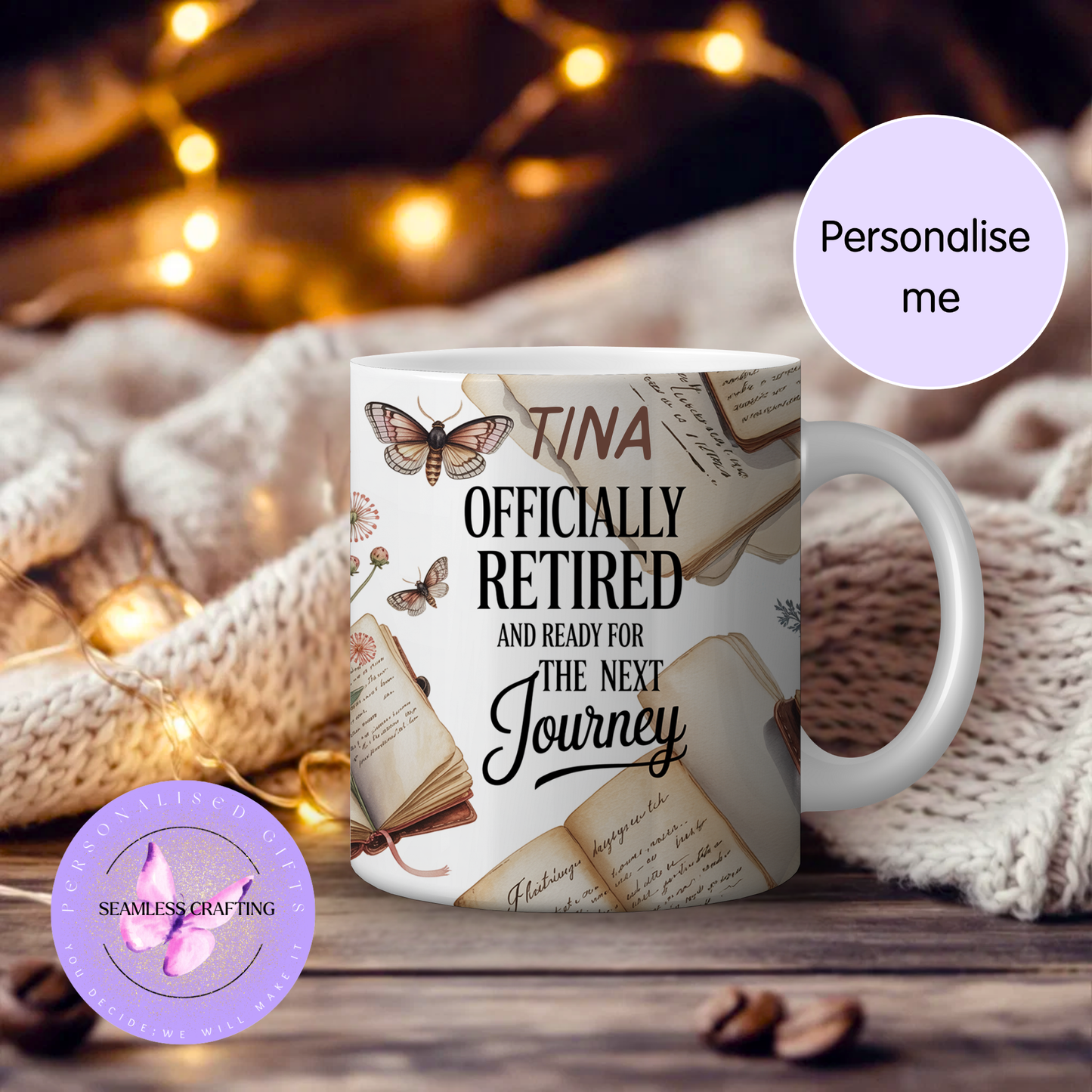 Personalised retirement mug with name featuring vintage books and butterflies – officially retired gift mug