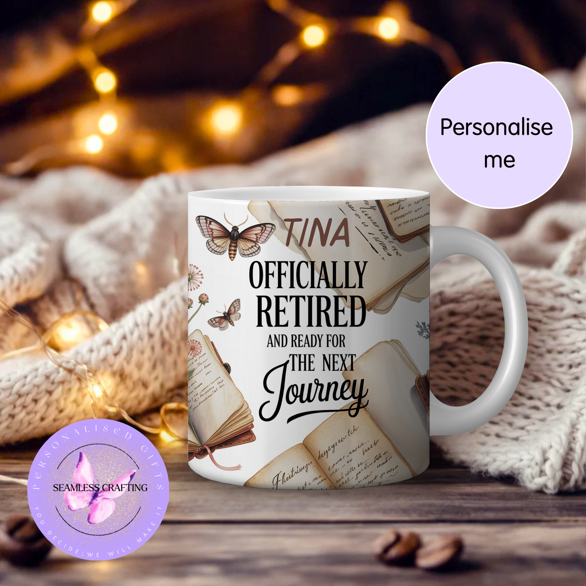 Personalised retirement mug with name featuring vintage books and butterflies – officially retired gift mug