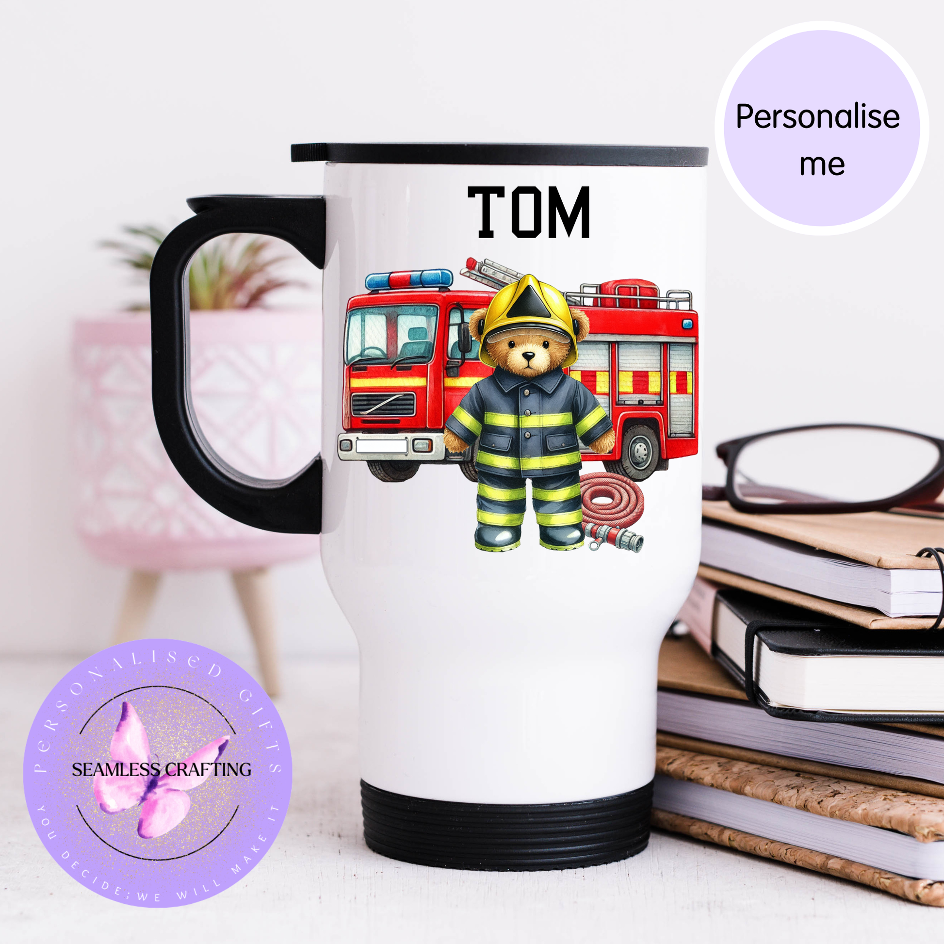 Firefighter teddy travel mug with fire engine design