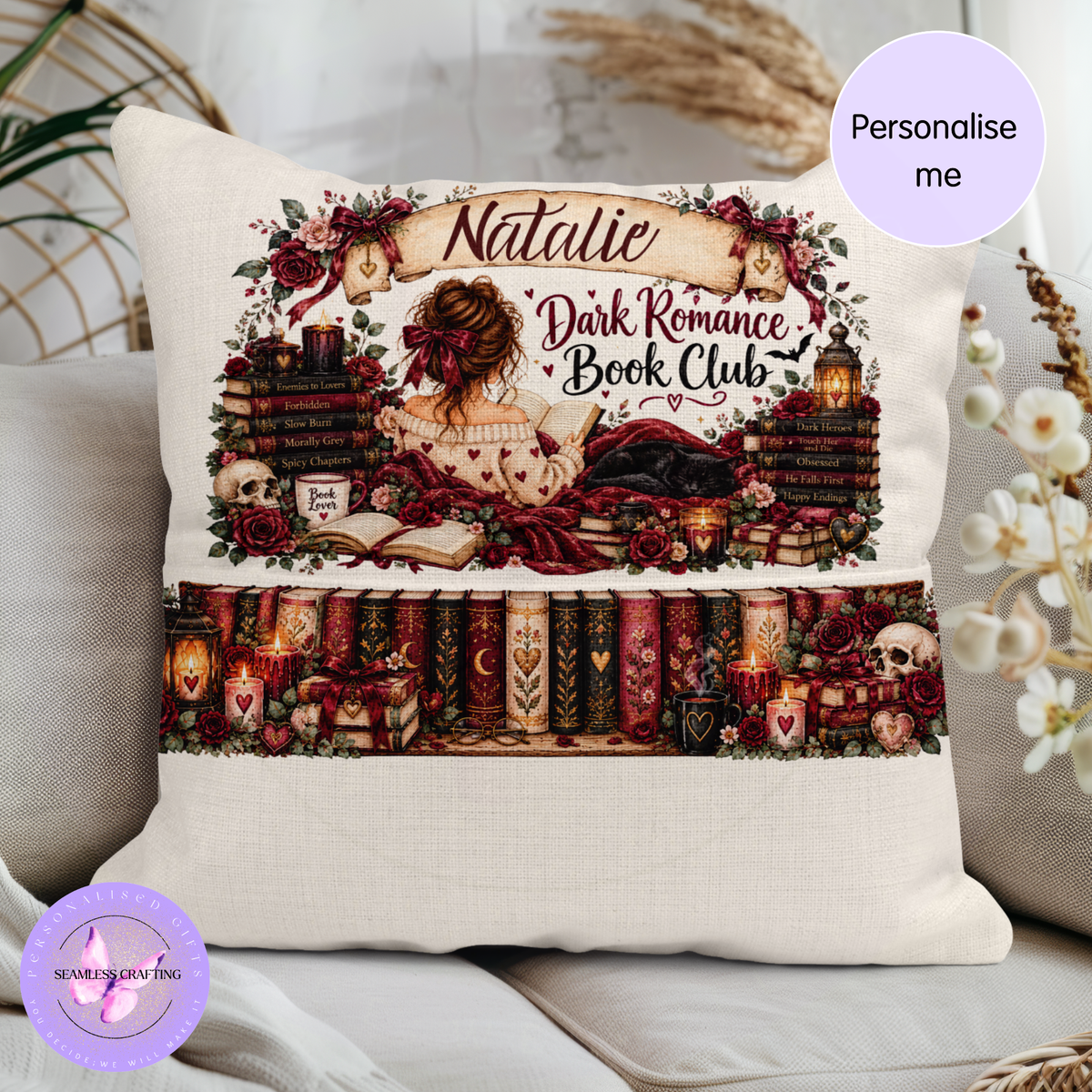 Personalised dark romance reading cushion with book pocket and custom name
